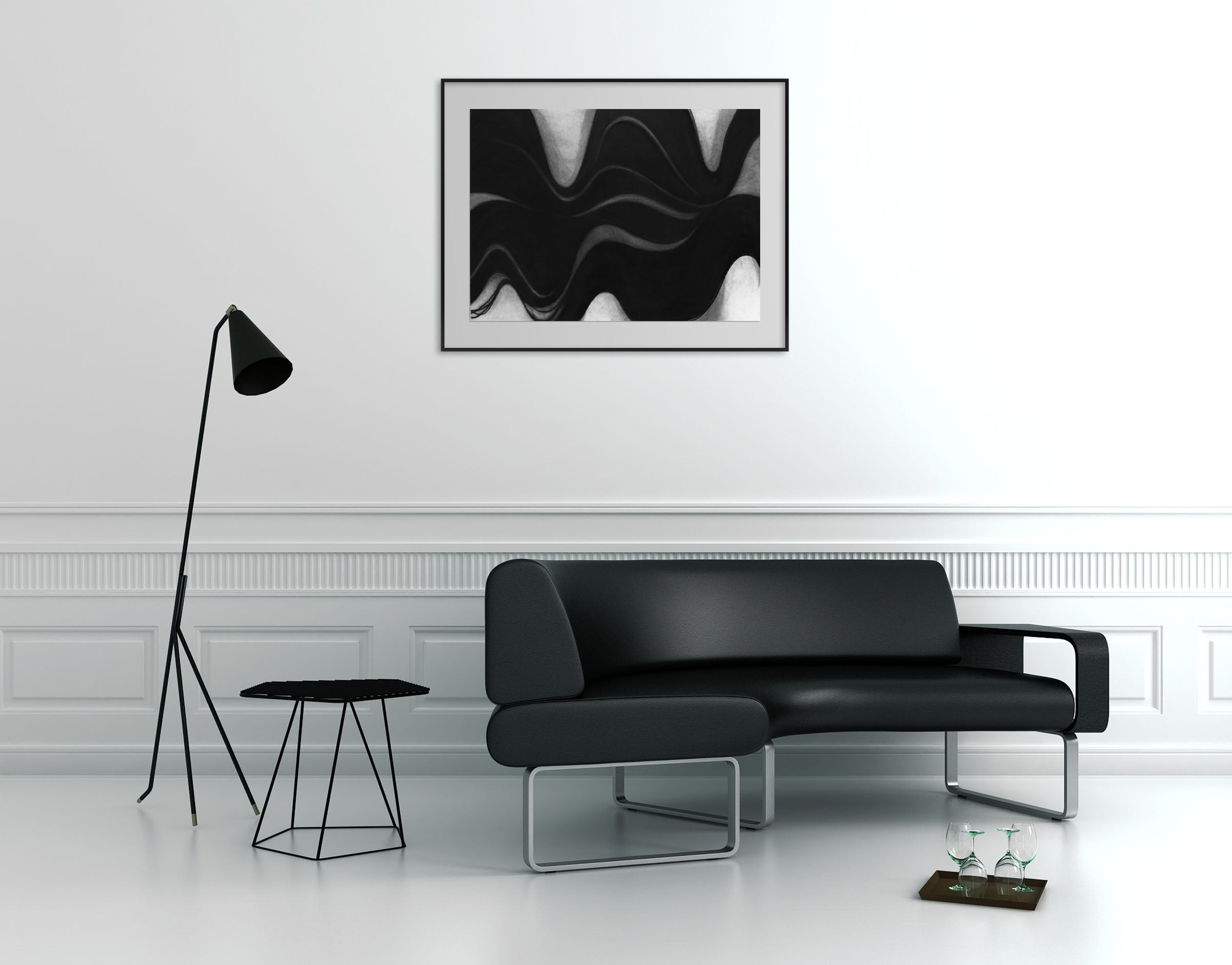 a black and white photo of a black and gray abstract painting