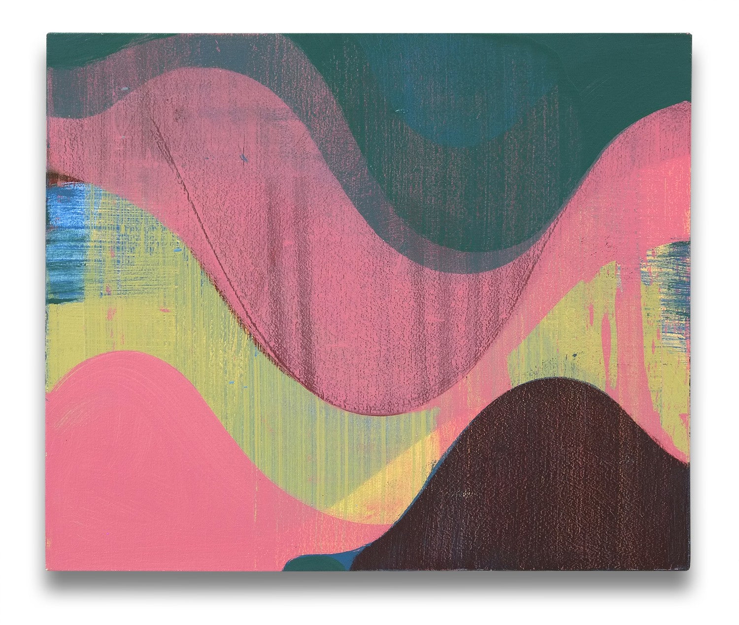 A painting on a white wall with a pink and green background.