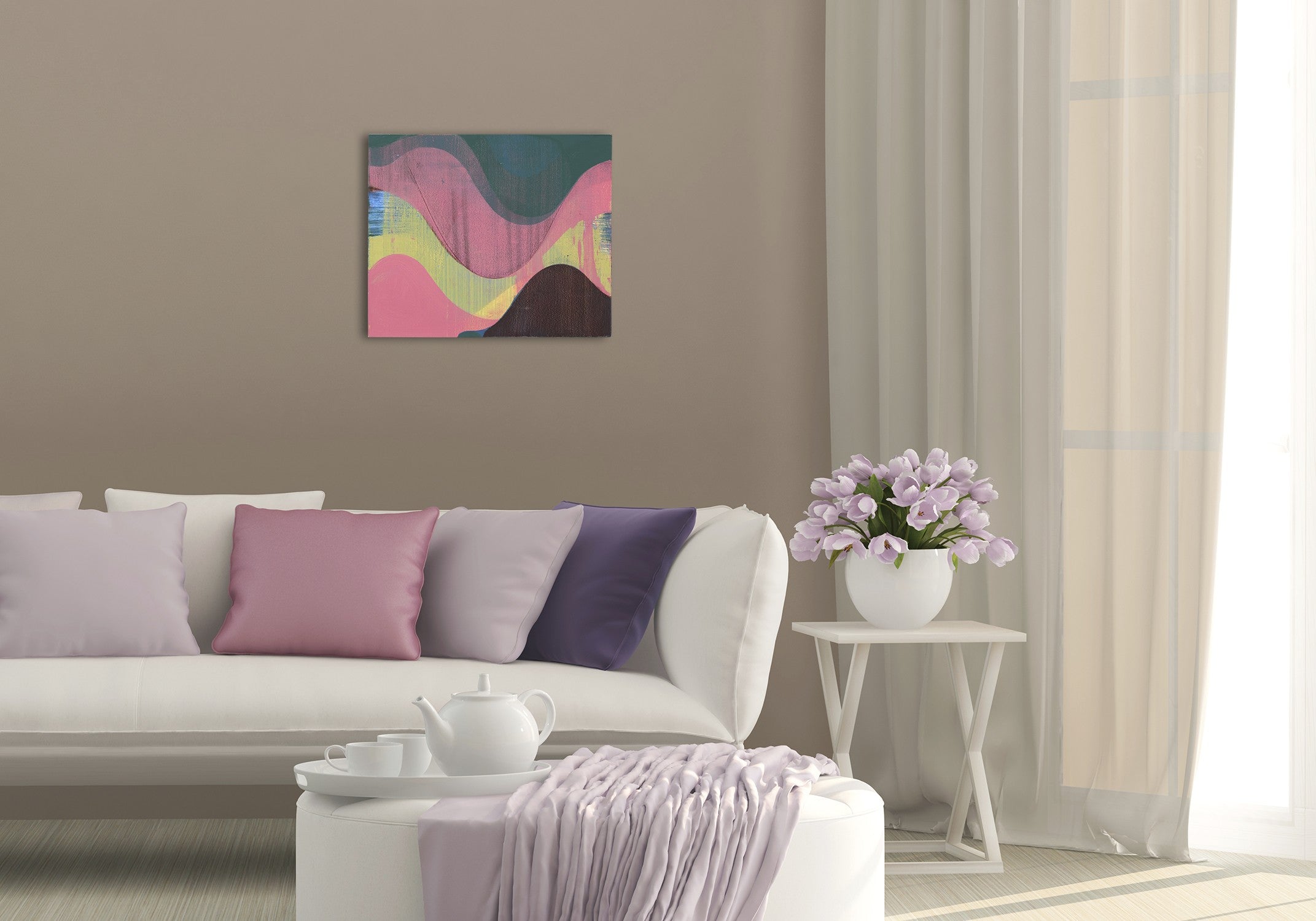 A painting on a white wall with a pink and green background.