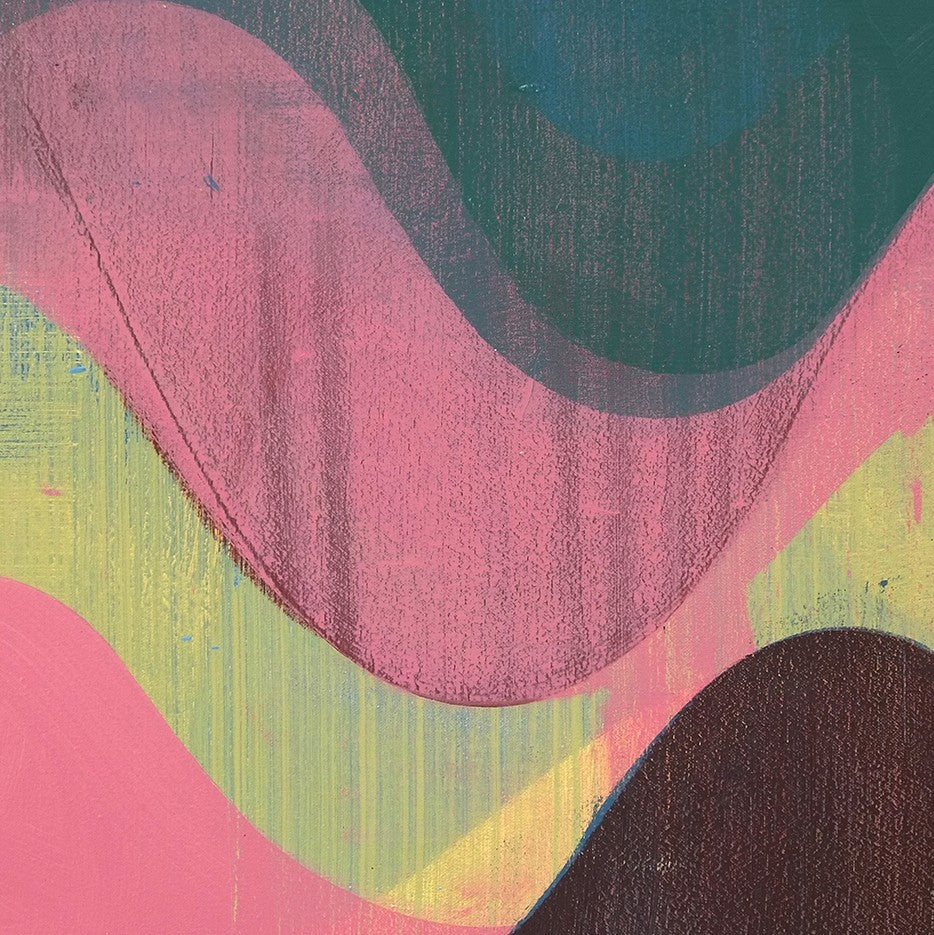 A painting on a white wall with a pink and green background.
