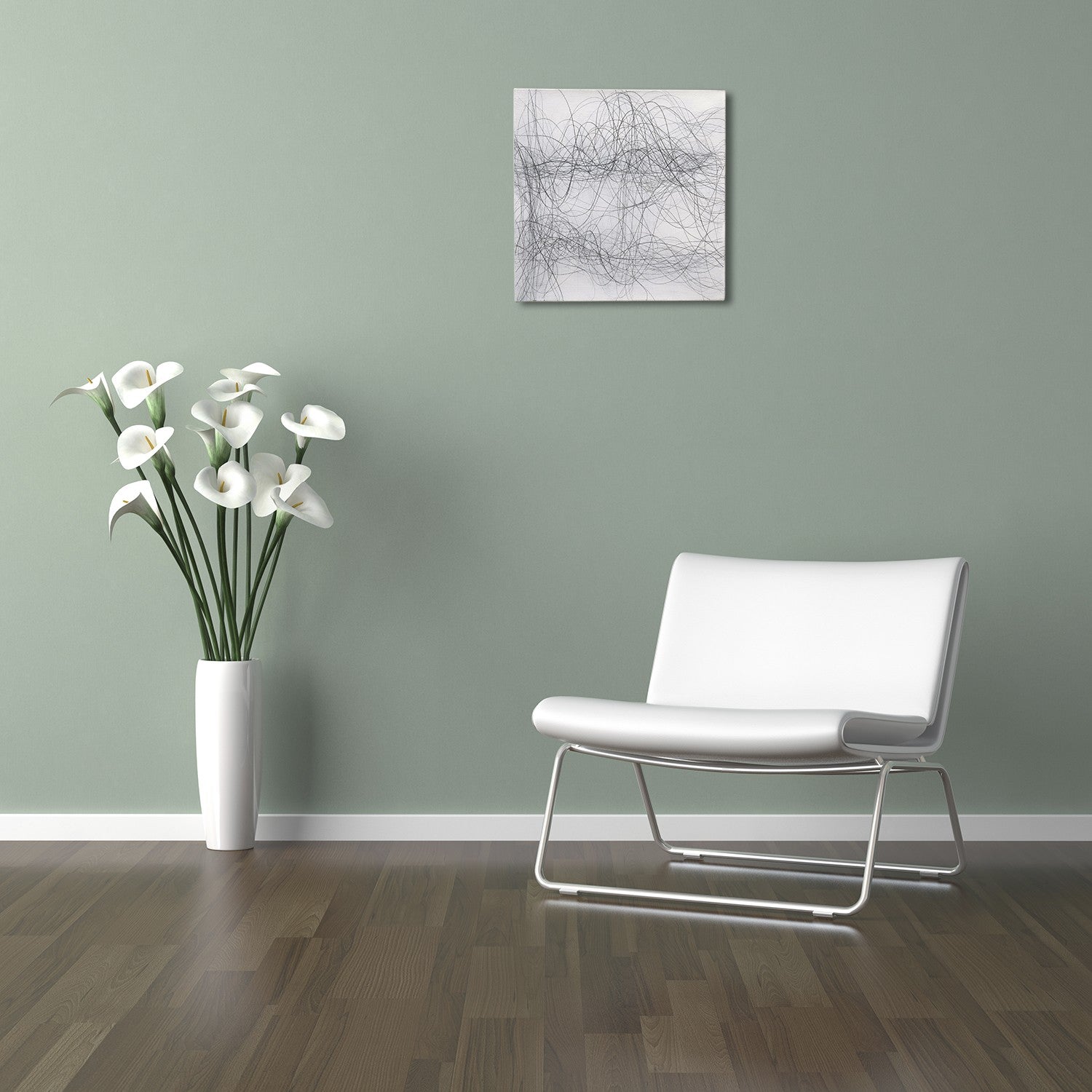 A black and white drawing on a white wall.