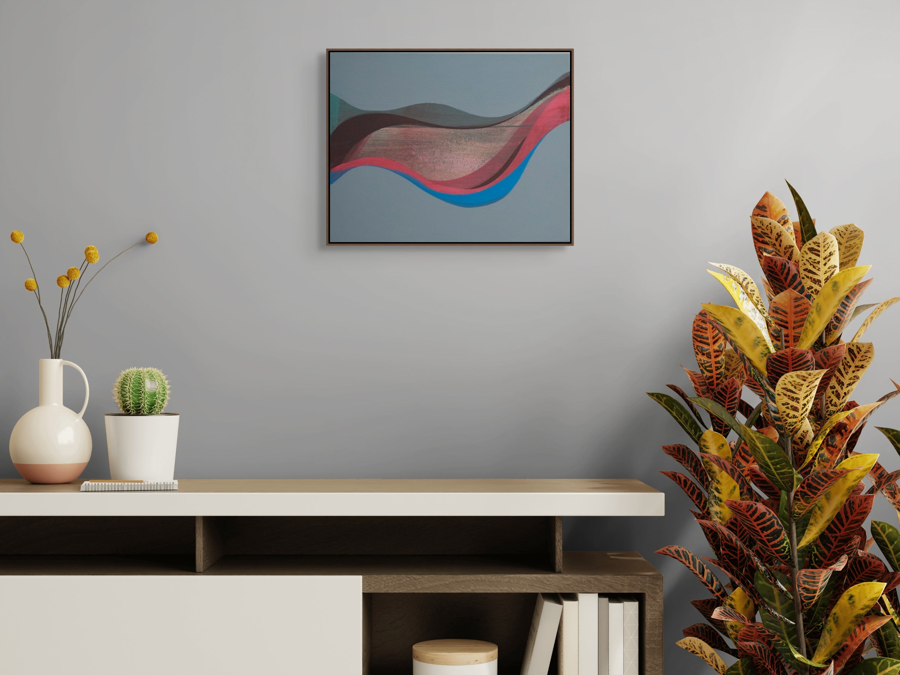 A painting of a red, blue and black abstract painting on a gray background.