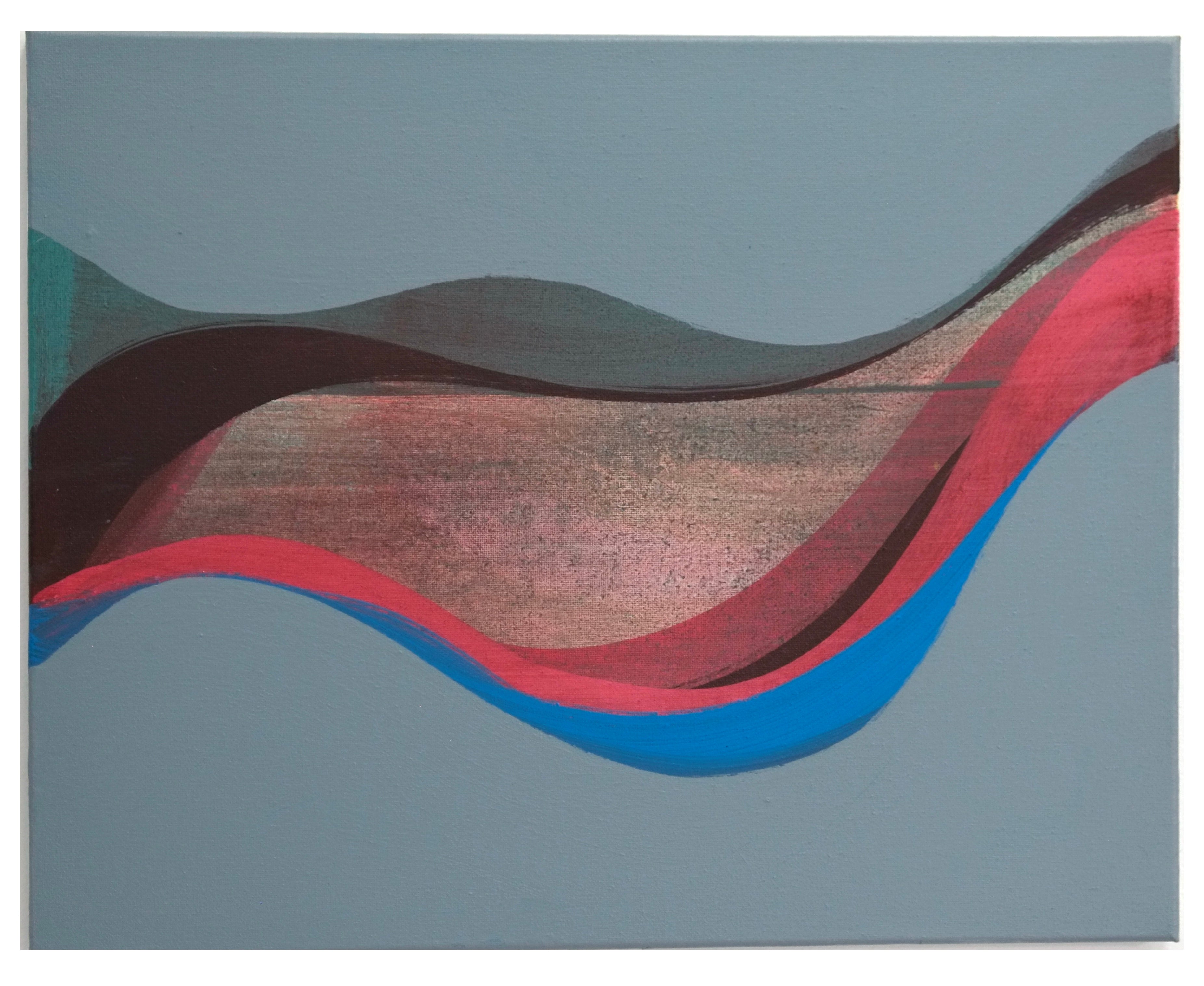 A painting of a red, blue and black abstract painting on a gray background.