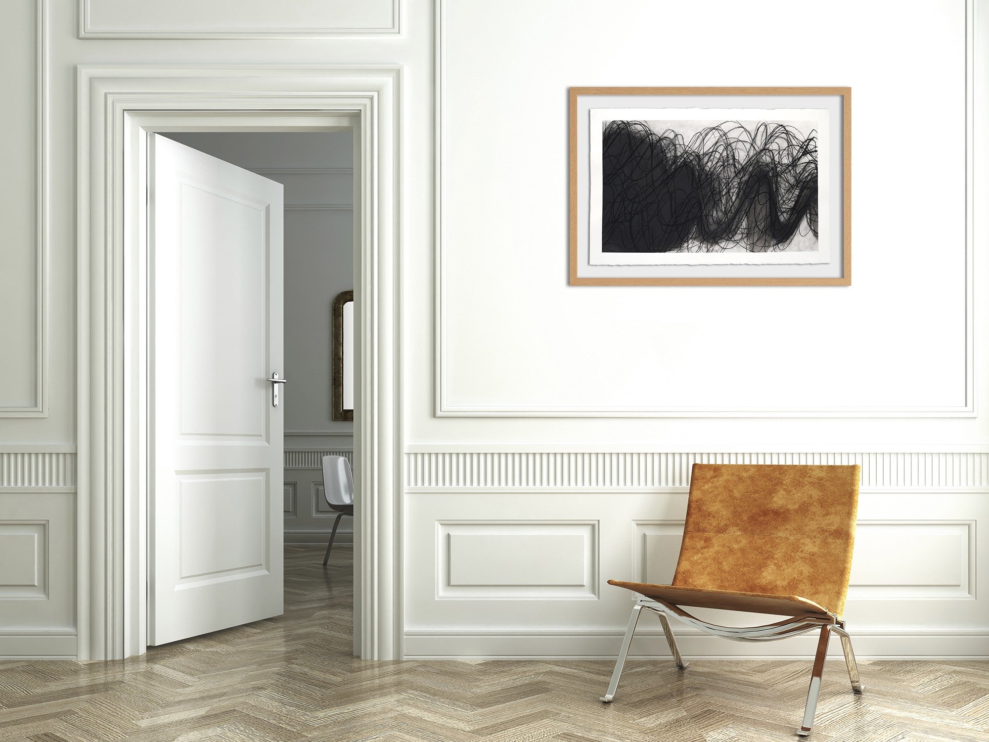 A black and white drawing on a white wall.