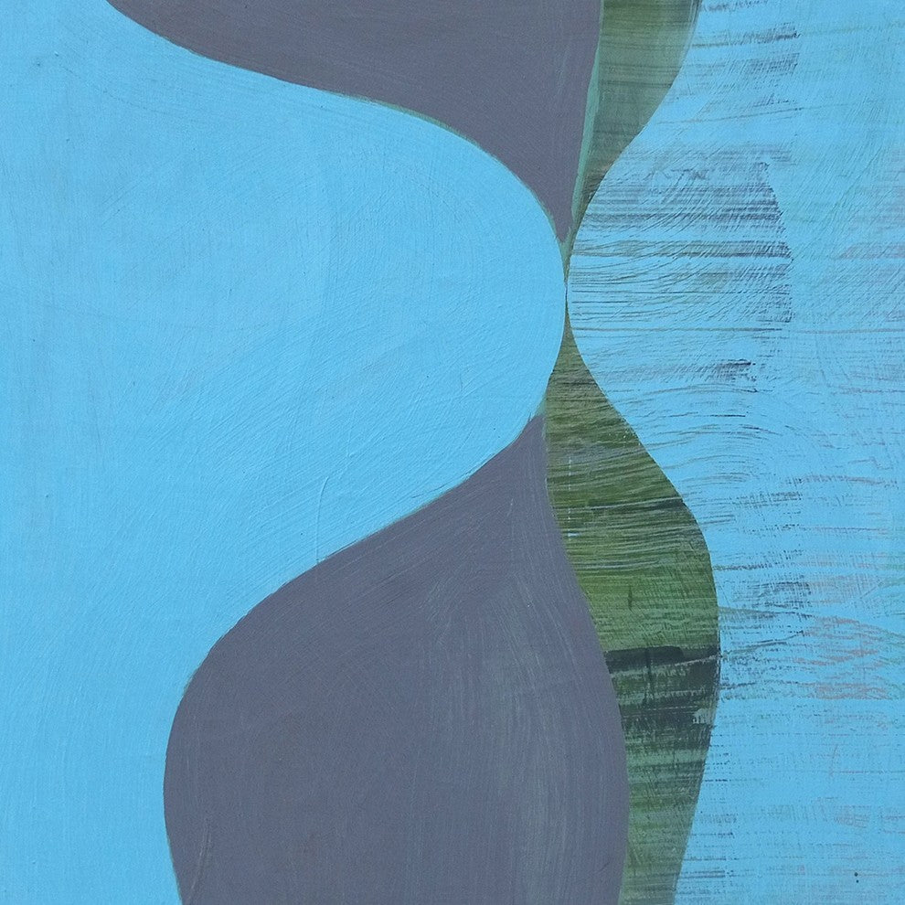 A painting on a white wall with a blue background.