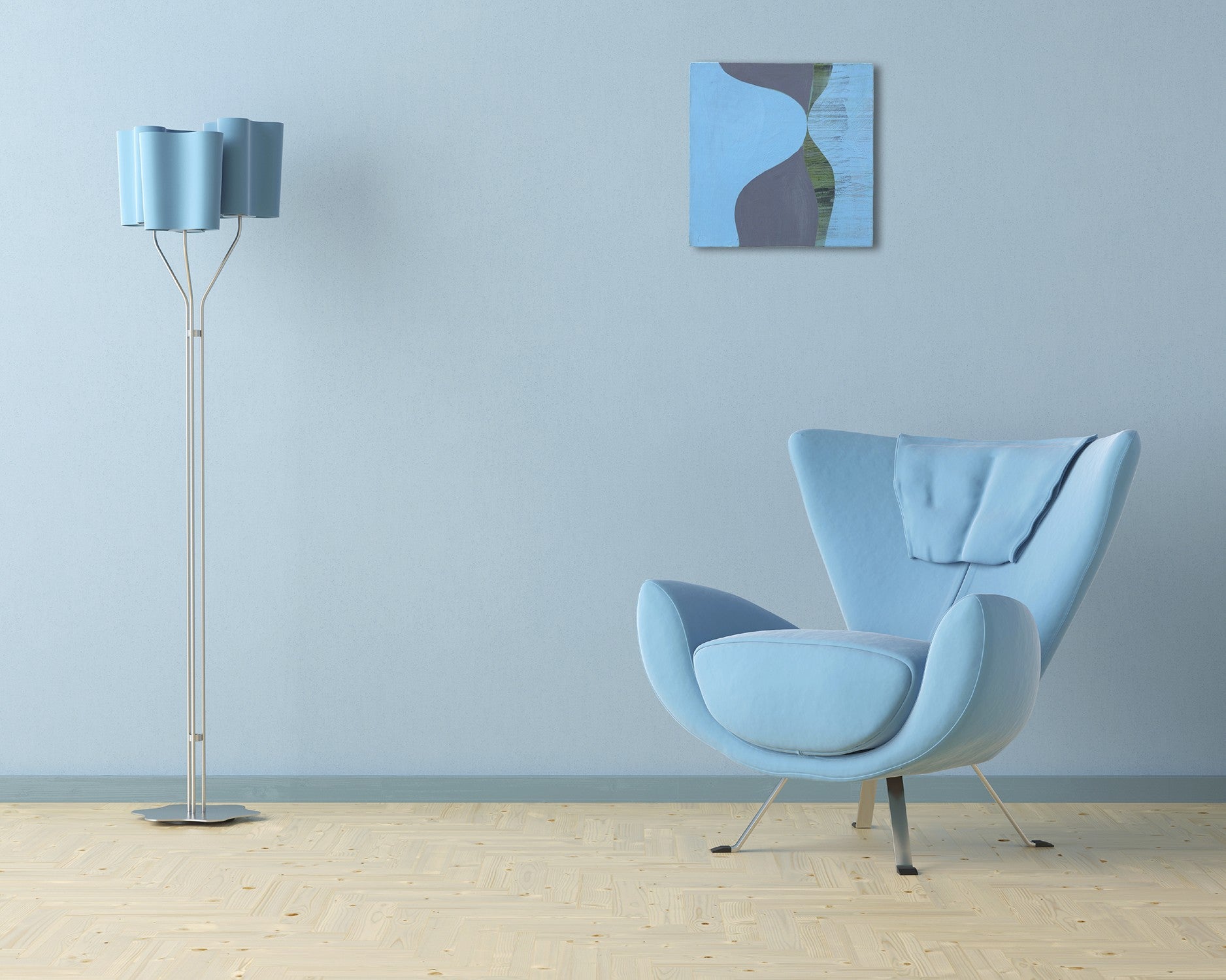 A painting on a white wall with a blue background.