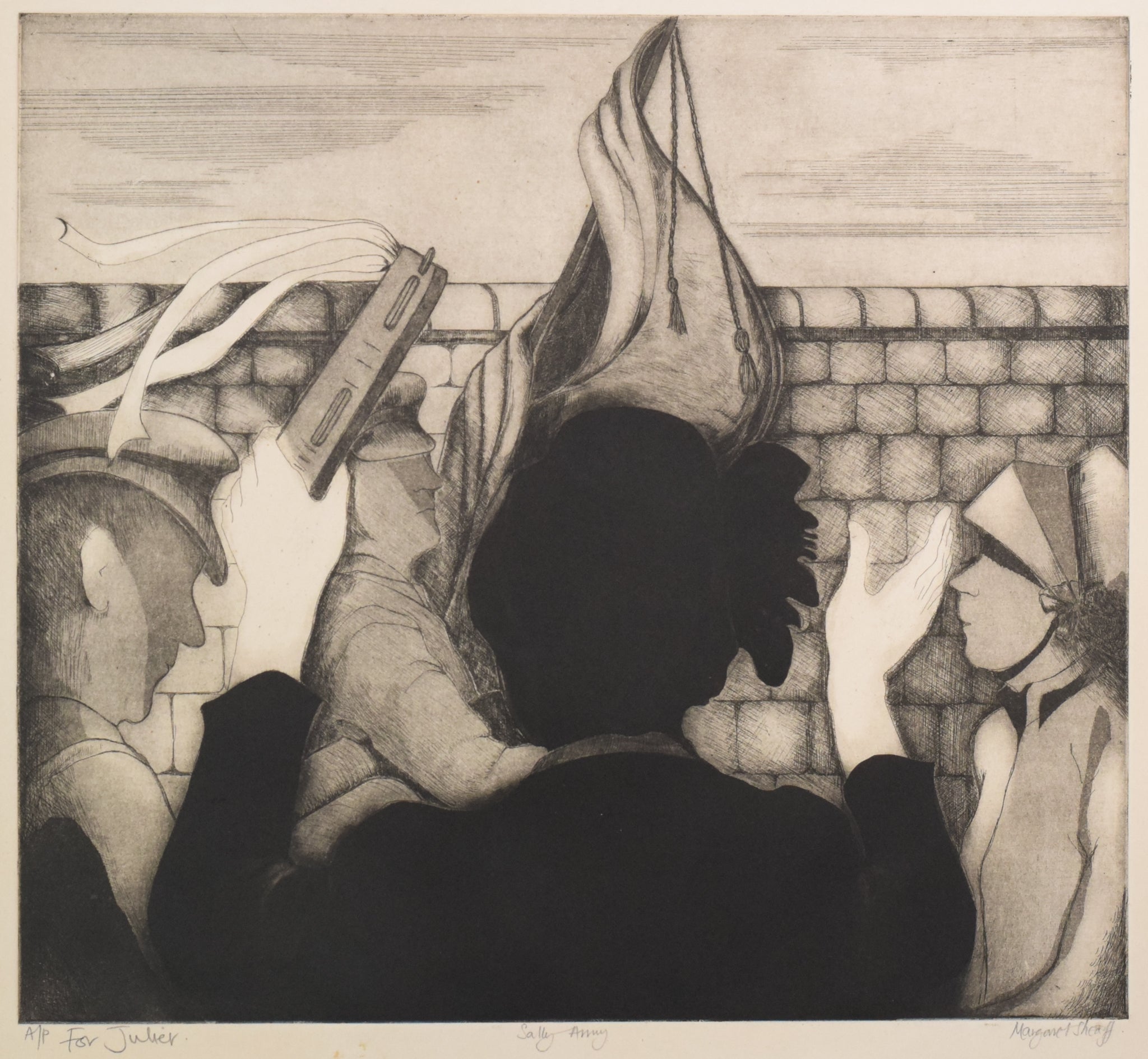 A black and white drawing of a group of people praying.