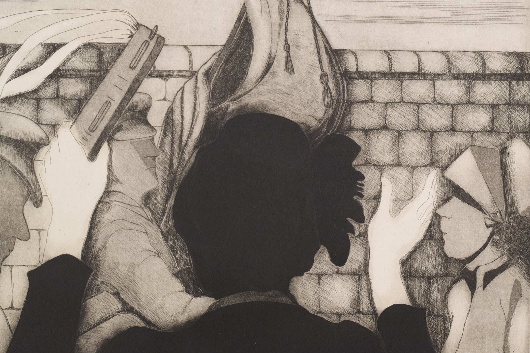 A black and white drawing of a group of people praying.