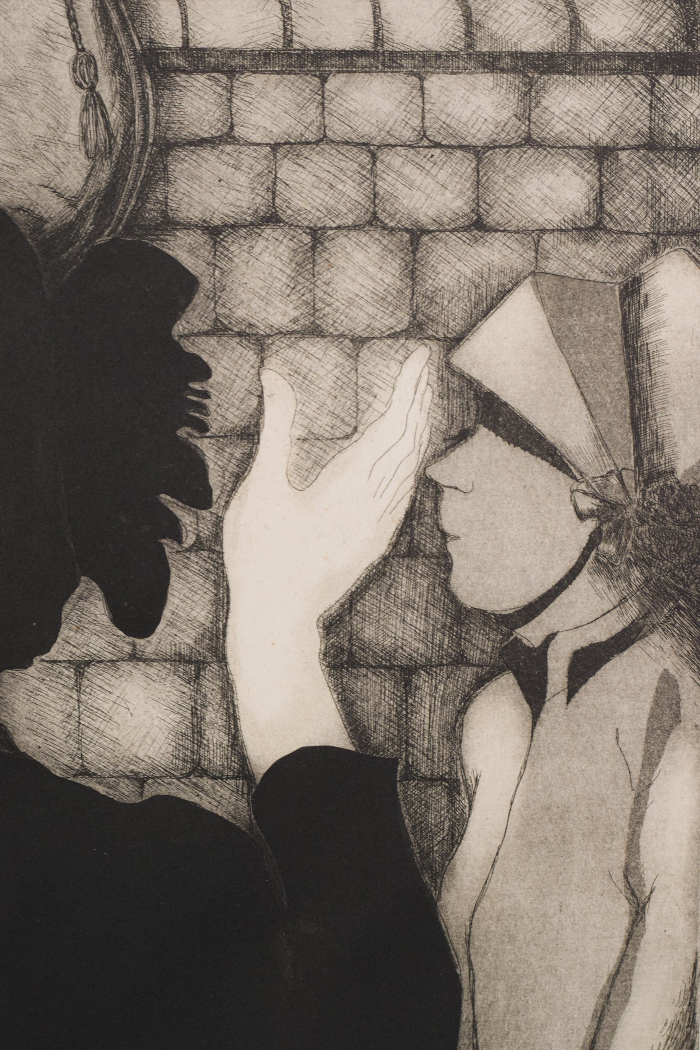 A black and white drawing of a group of people praying.