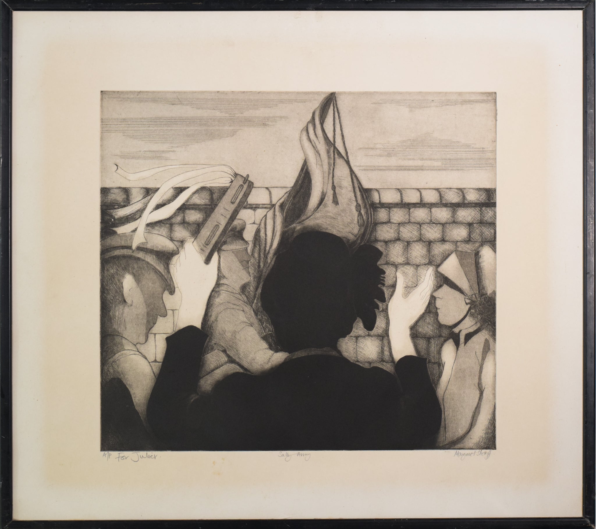 A black and white drawing of a group of people praying.
