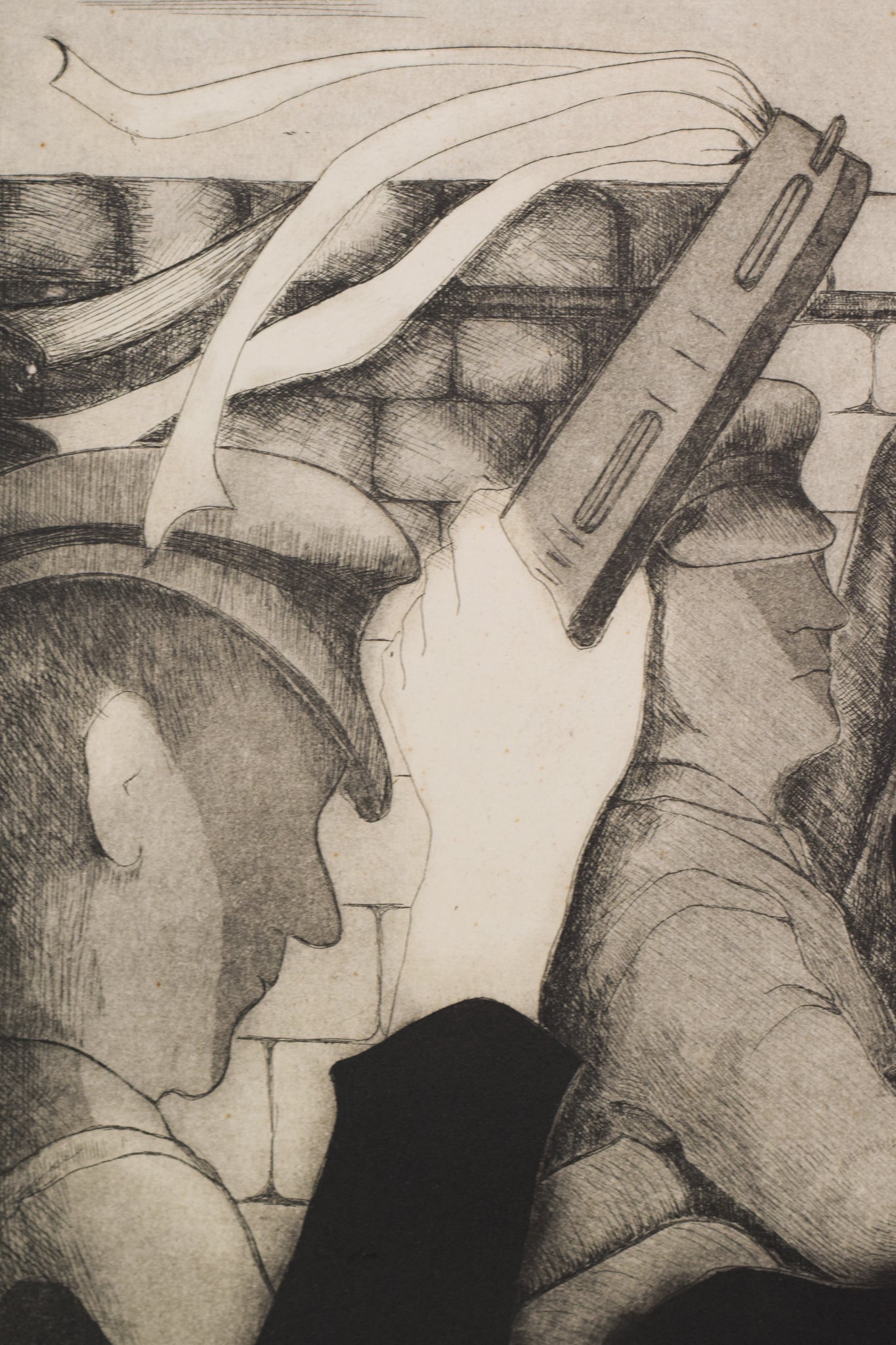 A black and white drawing of a group of people praying.