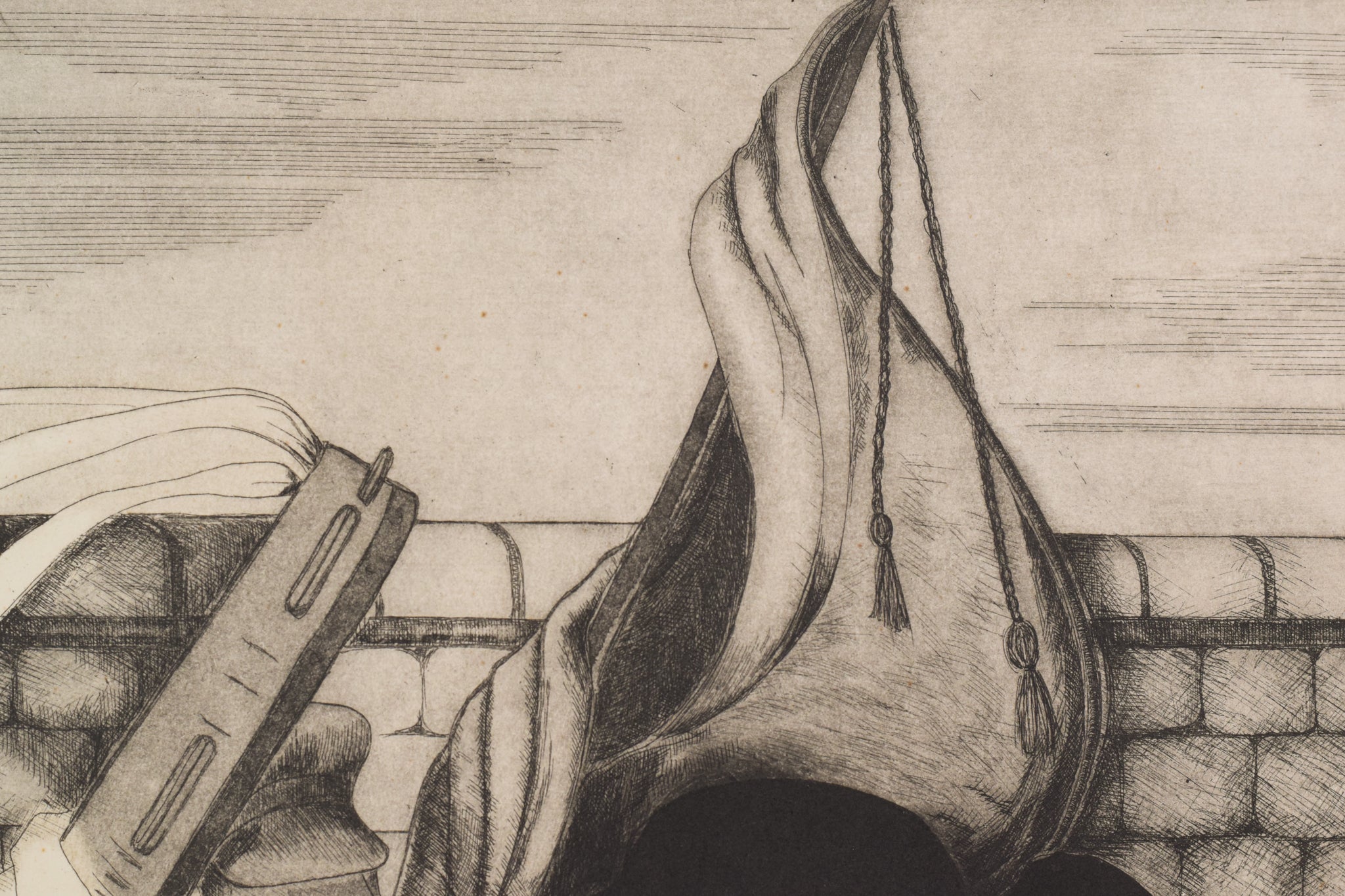 A black and white drawing of a group of people praying.