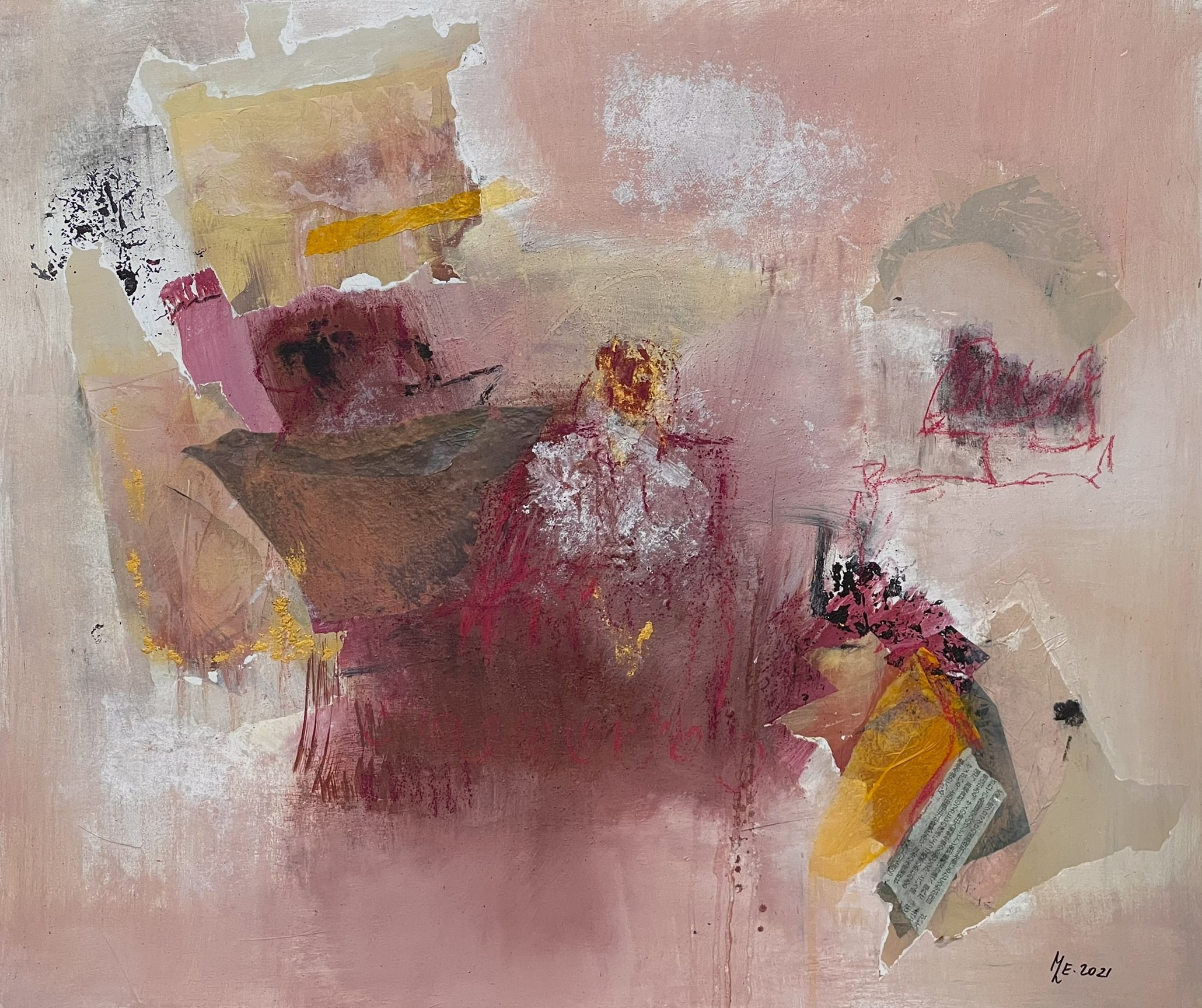 A painting of a pink and yellow abstract painting on a white background.