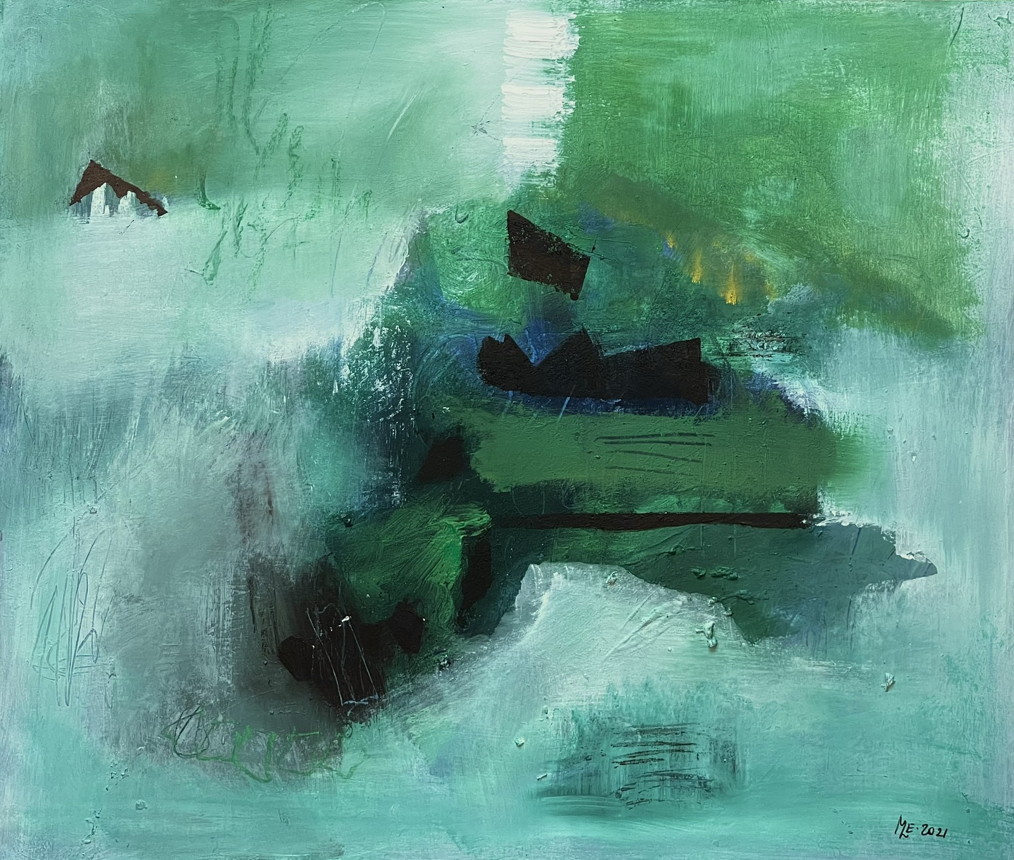 A painting of a green and blue abstract painting.