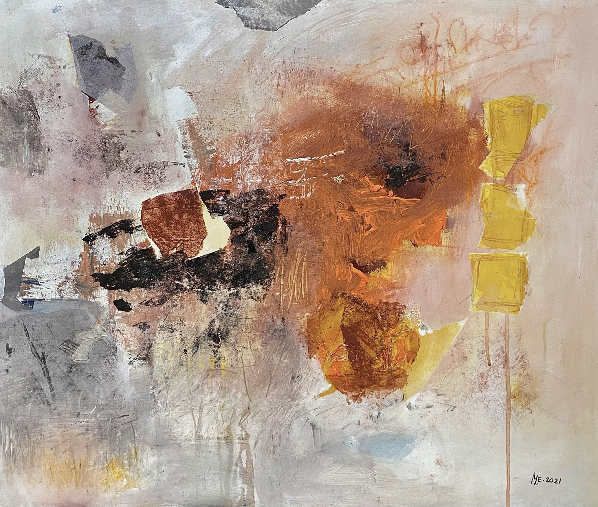 An abstract composition featuring a central brown mass surrounded by yellow squares and grey textures.