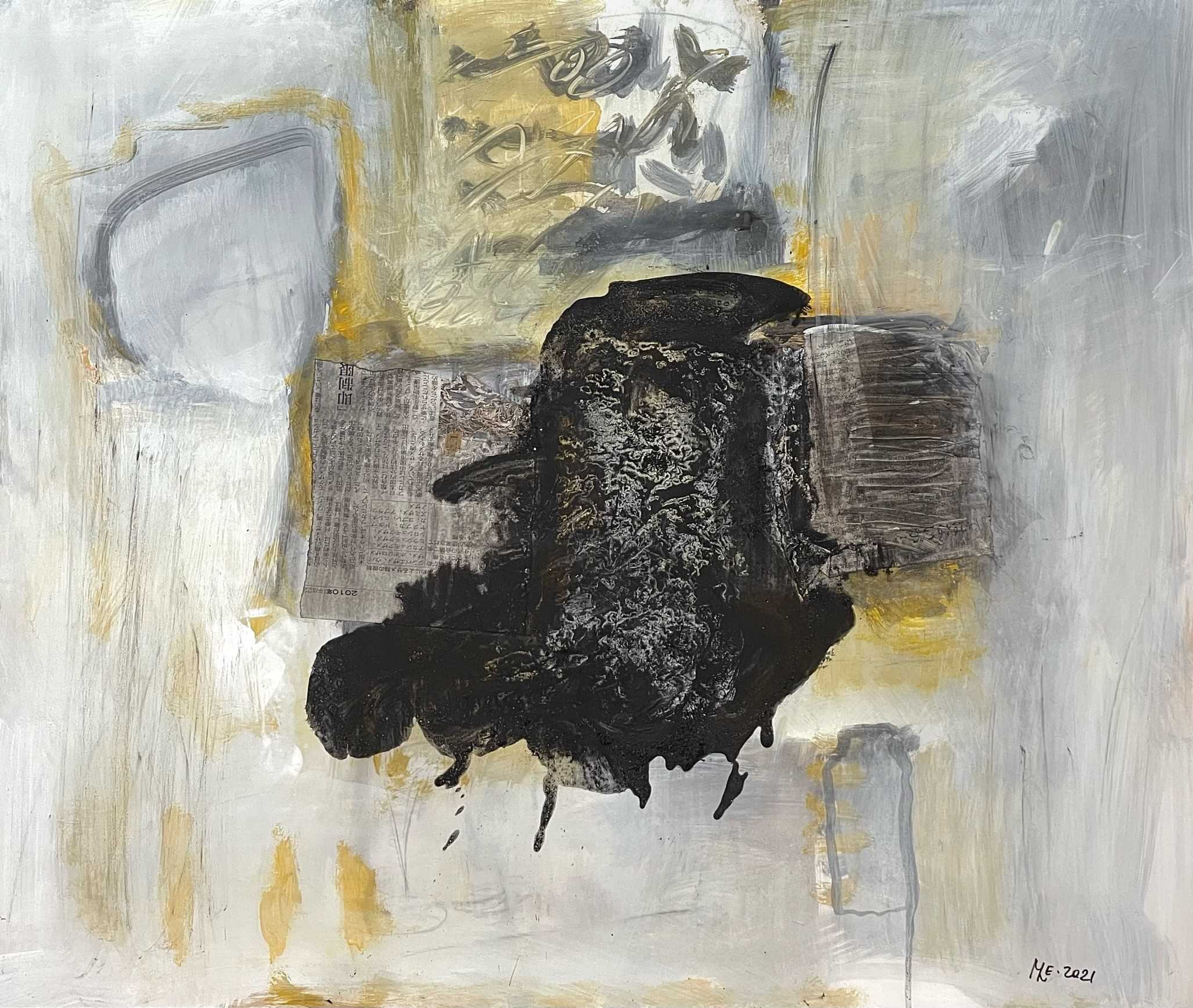 An abstract composition featuring a central black mass against a textured, muted background.