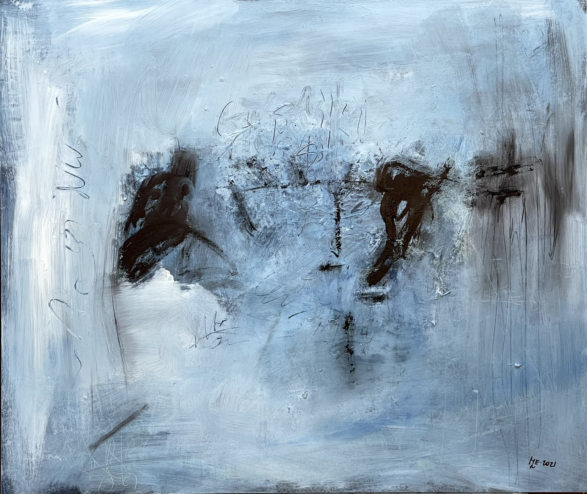 A textured abstract painting featuring two dark figures against a cold, icy blue background.