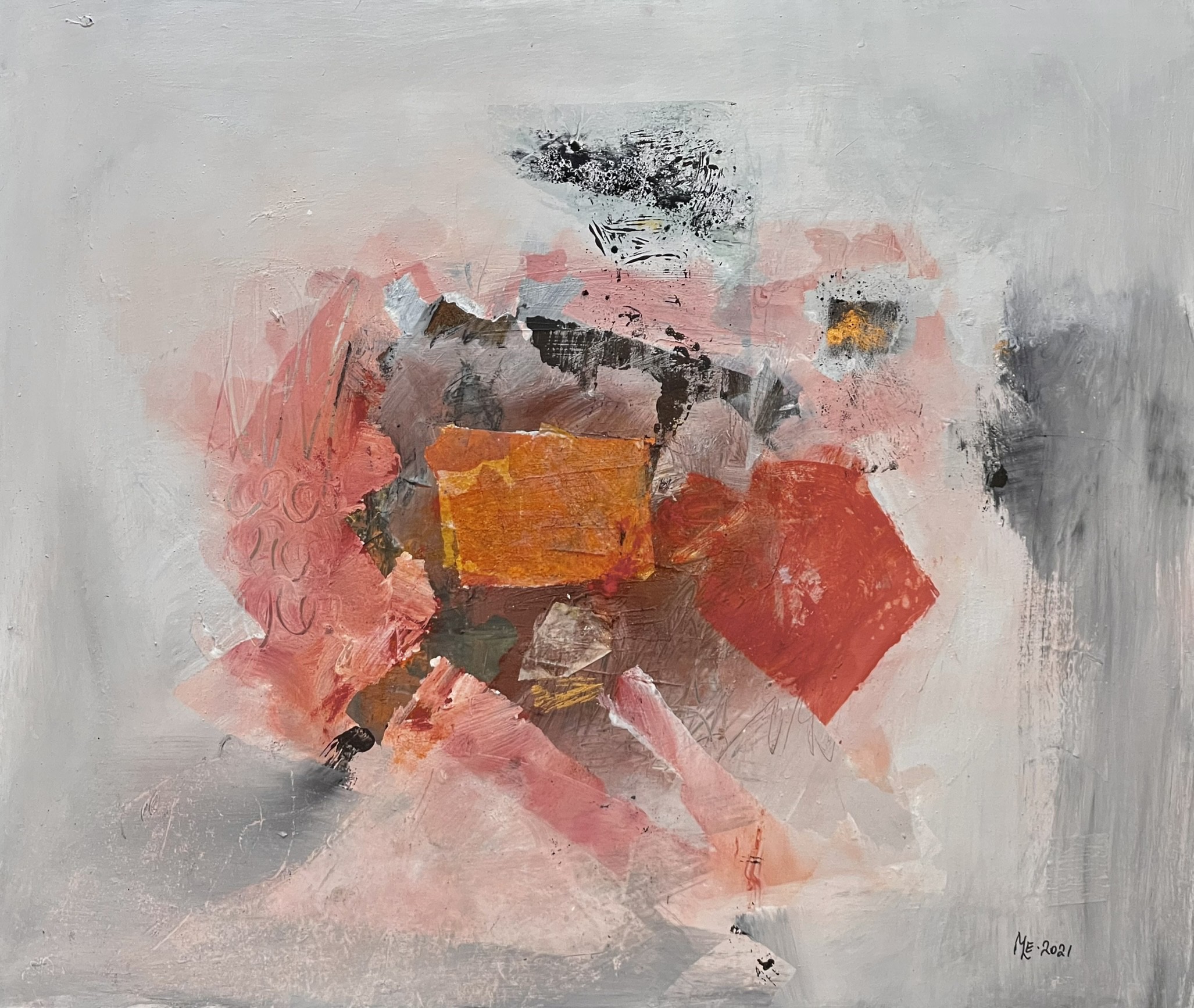 An abstract expressionist painting featuring a central cluster of warm geometric shapes against a muted grey background.