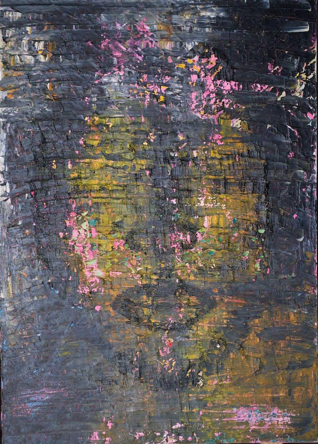 A painting of a woman's face on a black background.