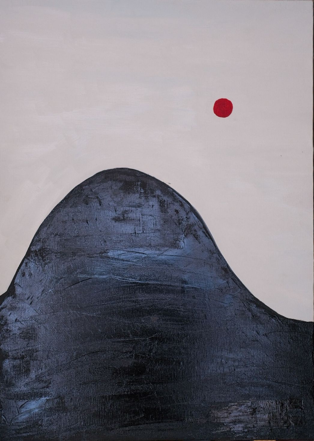 A painting of a mountain with a red sun in the sky.