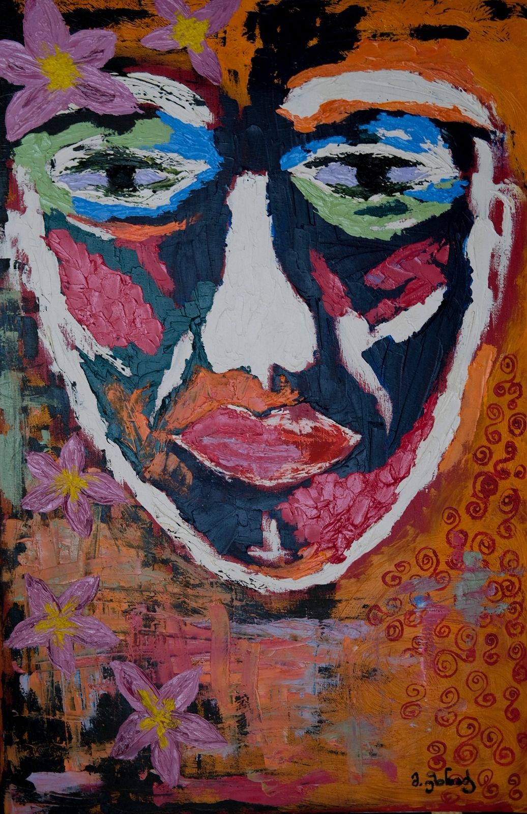 A bold, expressive portrait featuring a face with vibrant colors and floral elements.