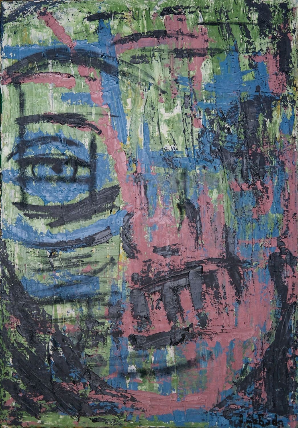 An expressive portrait featuring a single prominent eye amidst abstract brushstrokes.