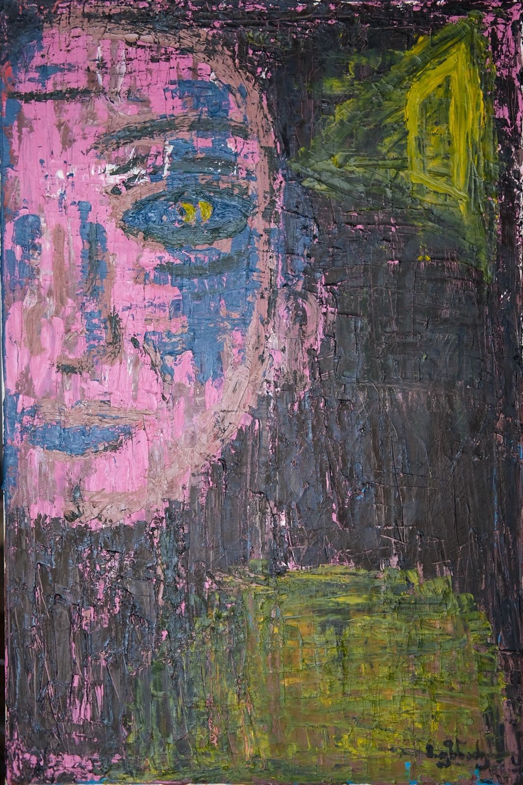 A textured portrait of a face emerging from a dark, abstract background.