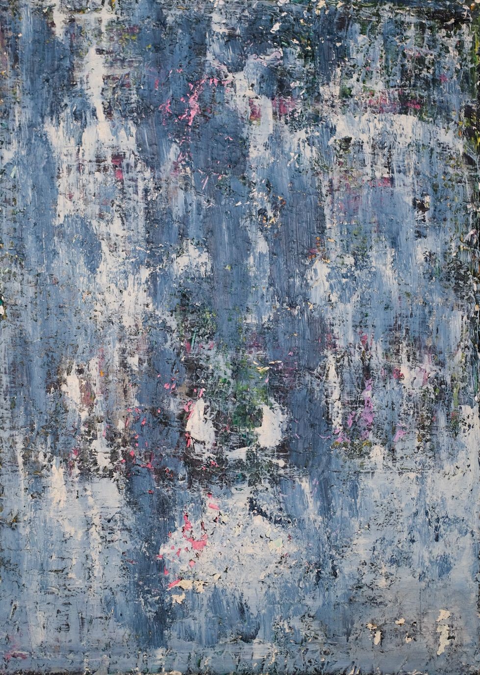 An abstract textured painting featuring a vertical composition of blue, white, and pink tones.