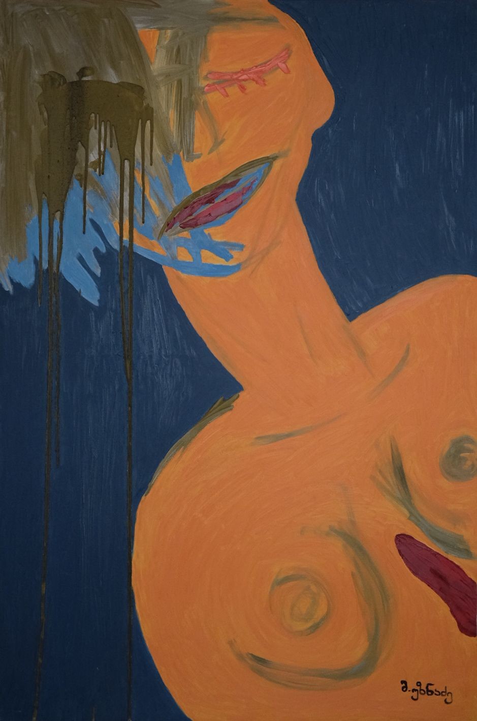 A painting of a nude woman with a blue background.