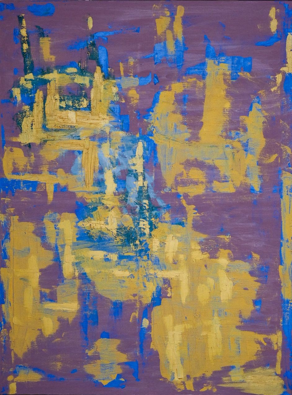 An abstract expressionist painting featuring bold, layered brushstrokes in purple, yellow, and blue.