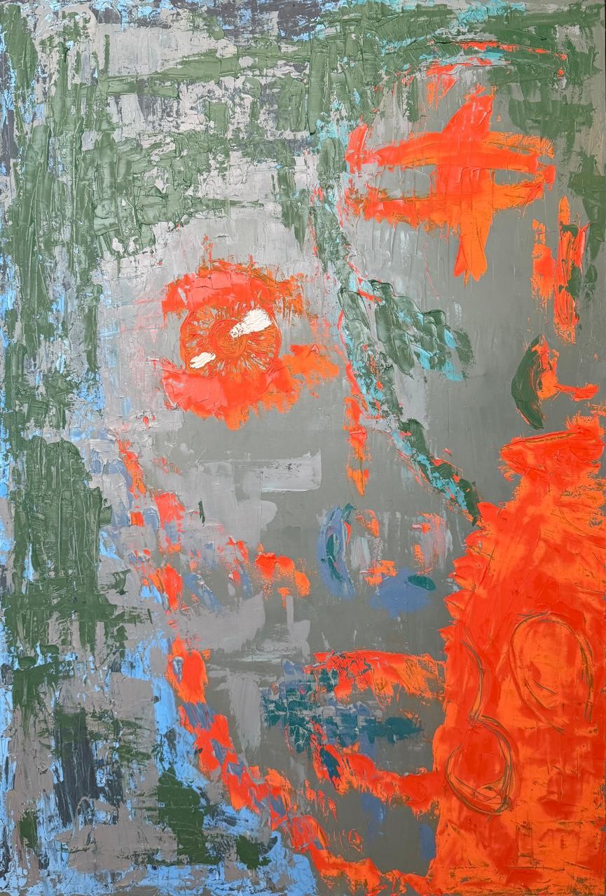 An abstract portrait featuring a face rendered in bold orange and cool green tones against a textured grey background.