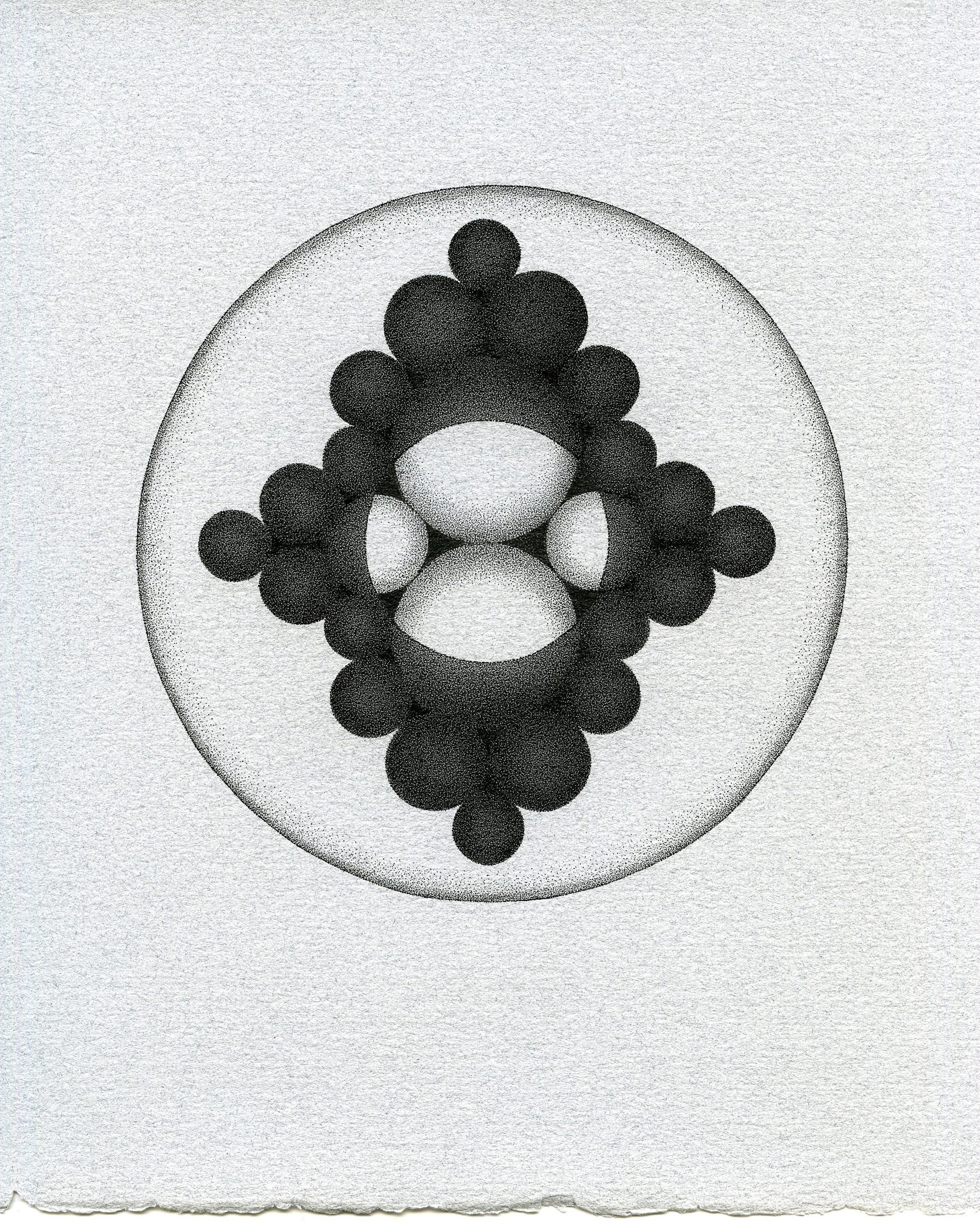 A black and white drawing of a circle of spheres.