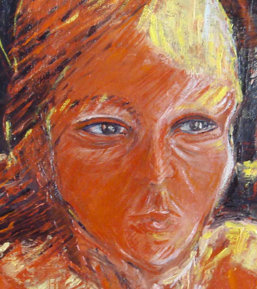 A painting of a woman's face with blue eyes.
