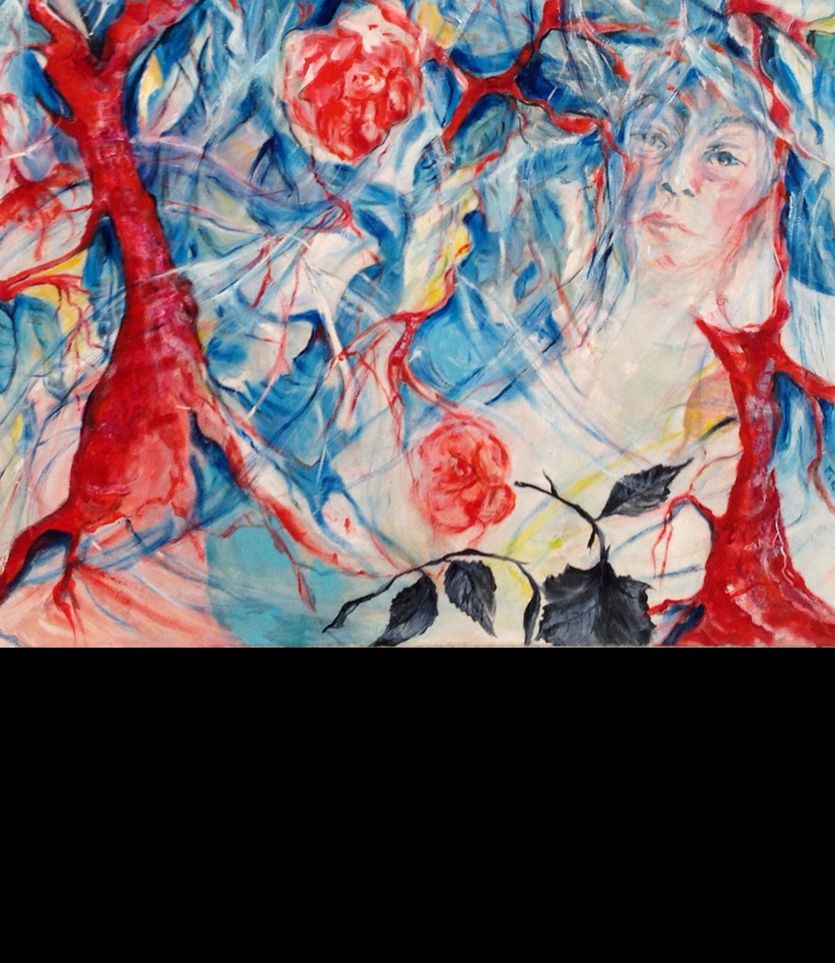 A surreal portrait blending floral elements with a face, rendered in bold reds and blues.