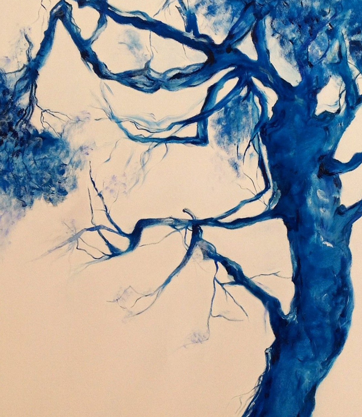 A painting of a blue tree on a beige background.