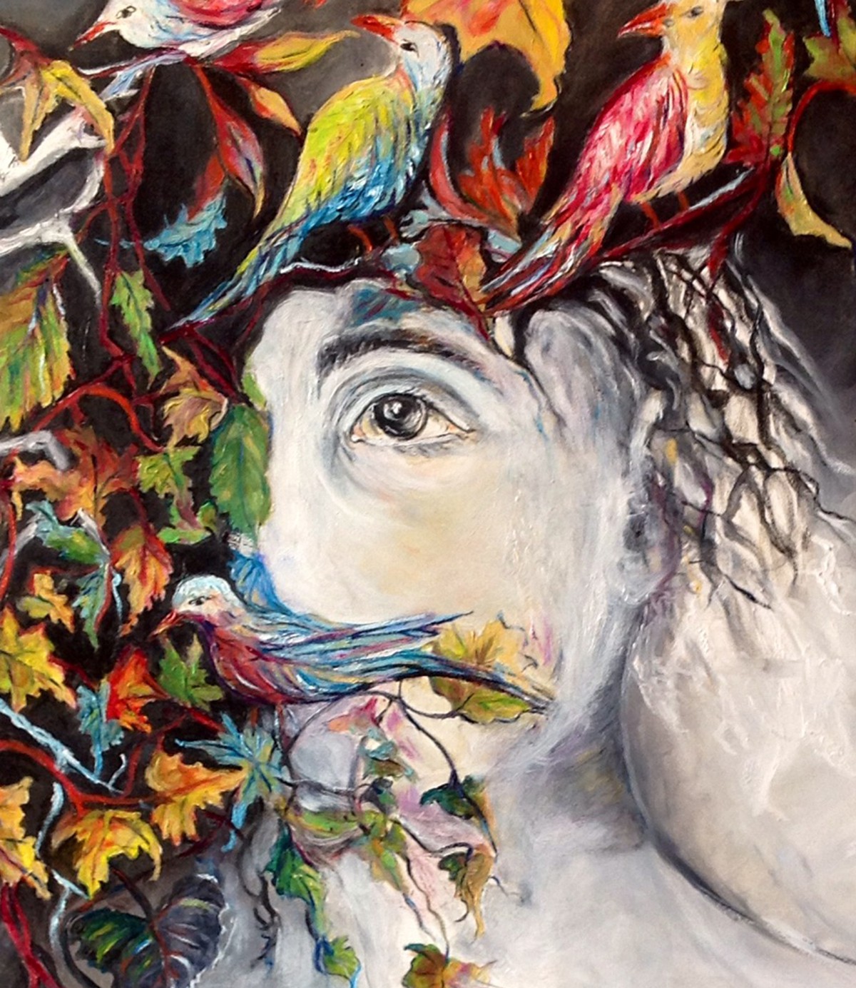 A serene profile portrait where a figure's face is intertwined with vibrant foliage and colorful birds.