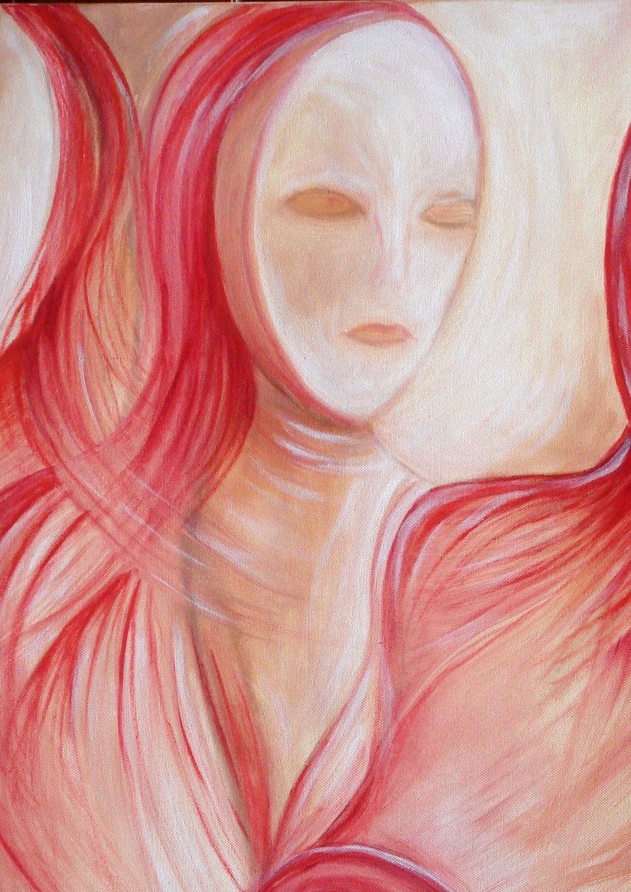 A painting of a woman with long red hair.
