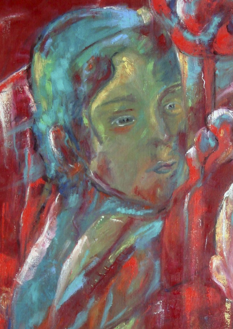 A painting of a woman holding a red umbrella.