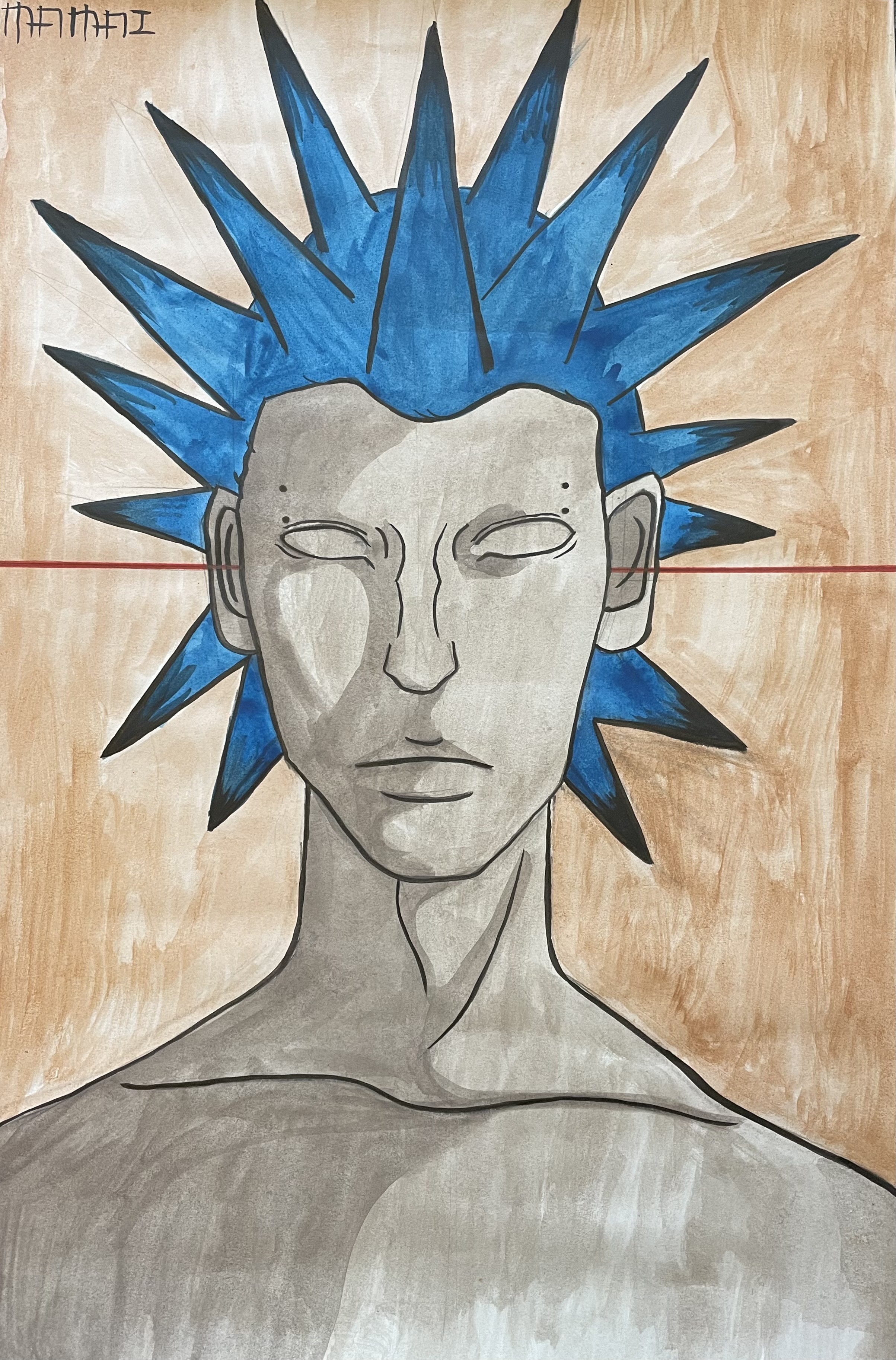 A drawing of a man with blue hair.