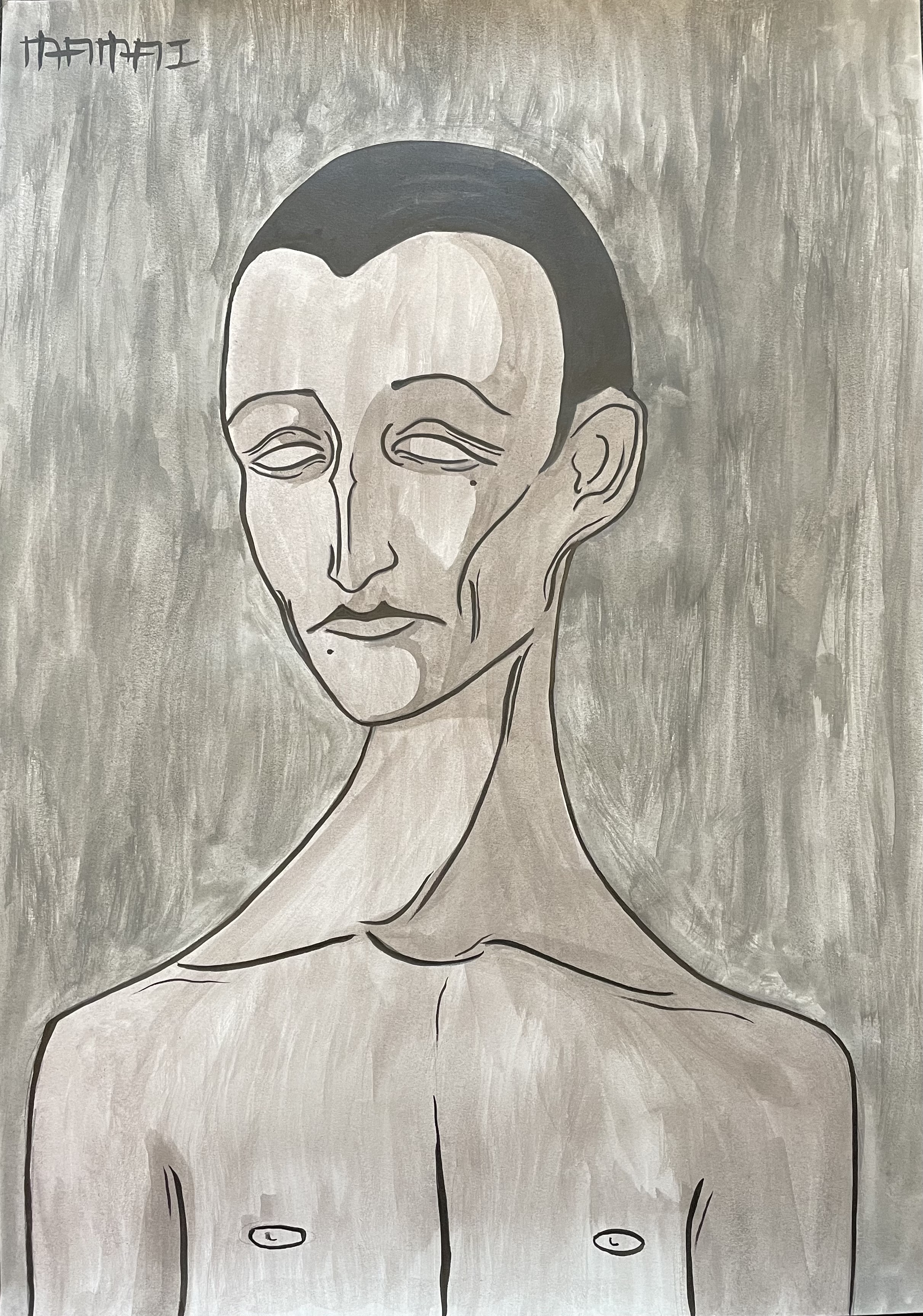 A drawing of a man's face on a gray background.