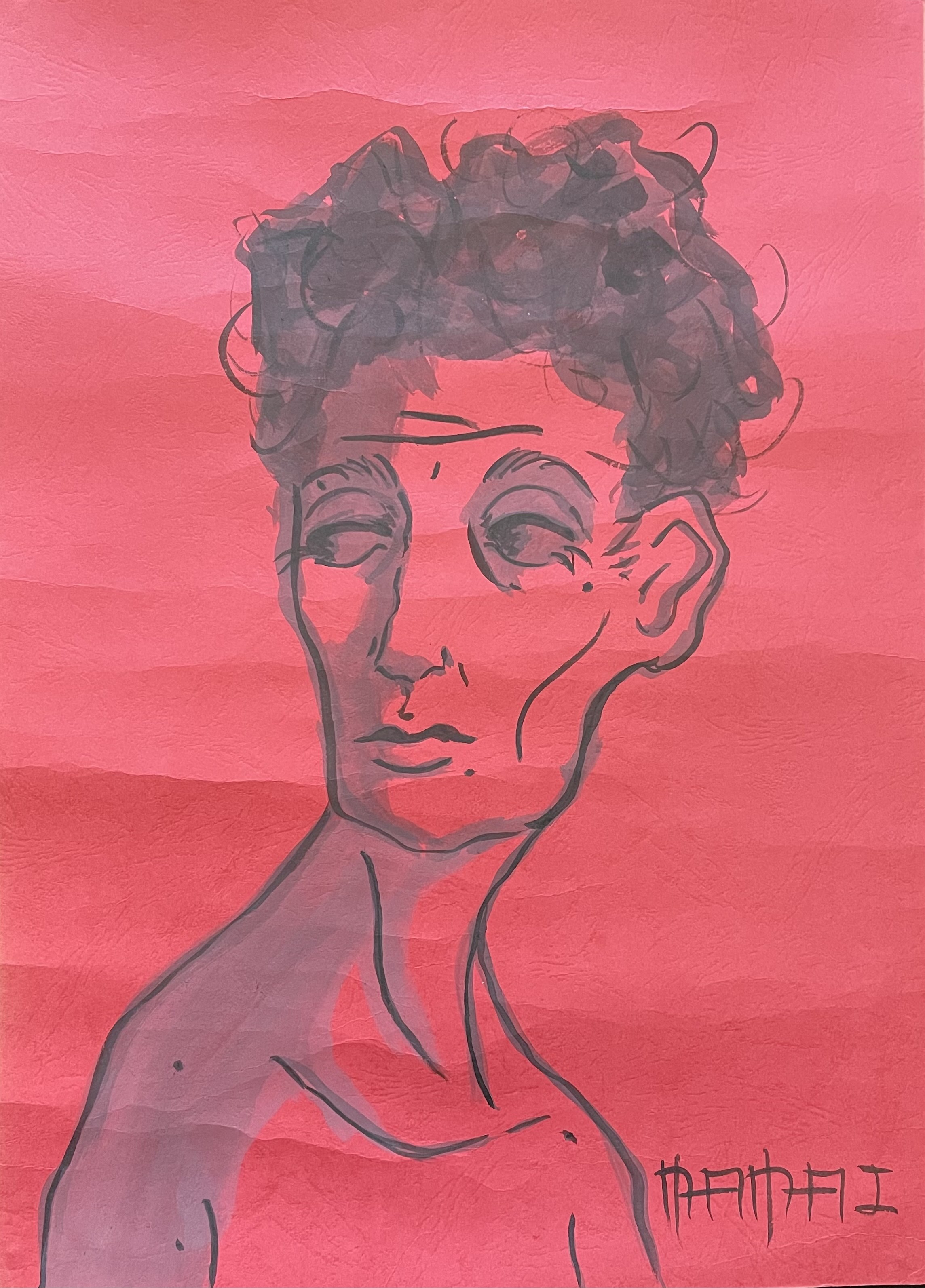 A sketchy portrait of a figure with curly hair against a vibrant pink background.