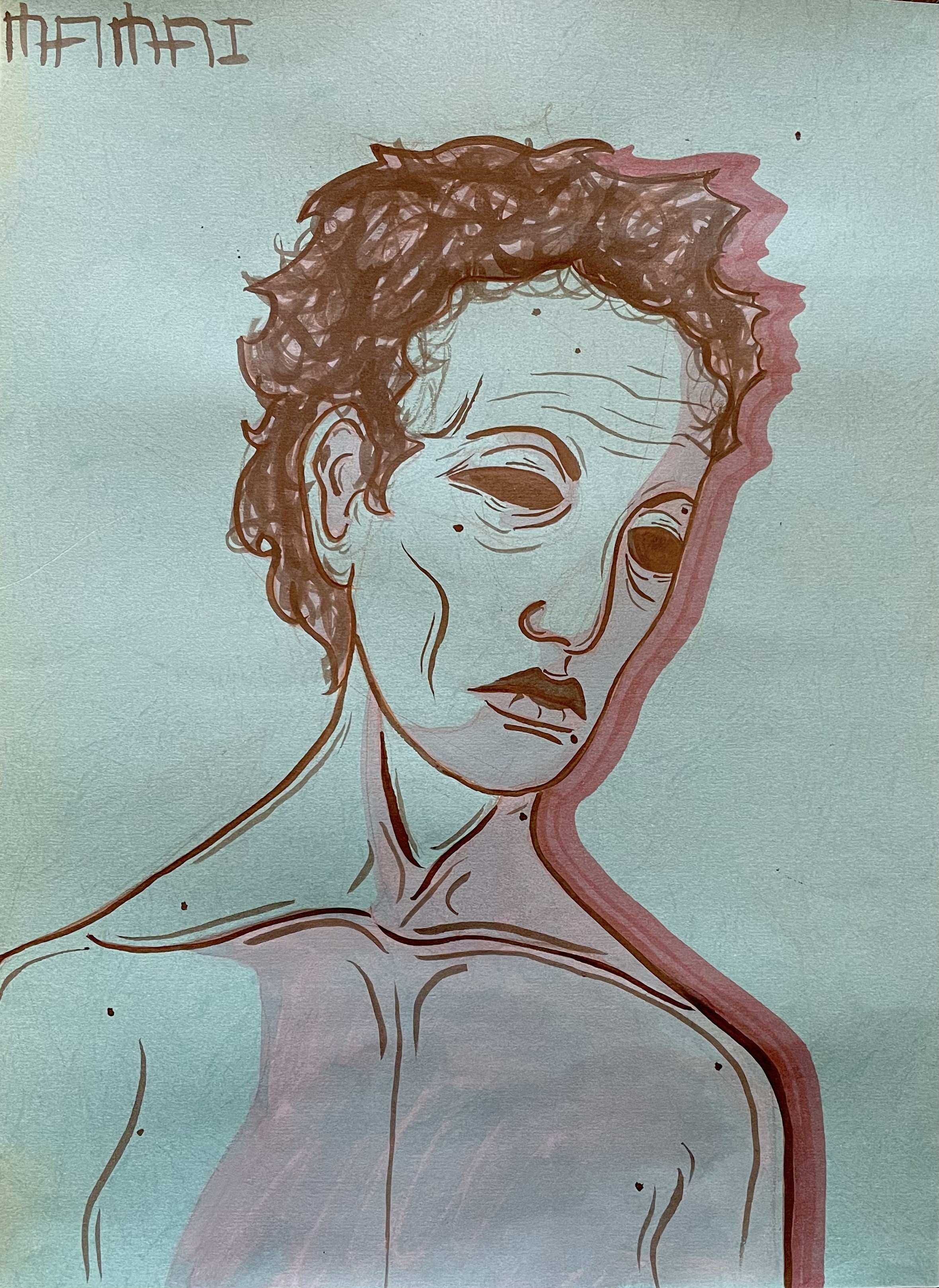 A drawing of a man with curly hair and a sad expression.