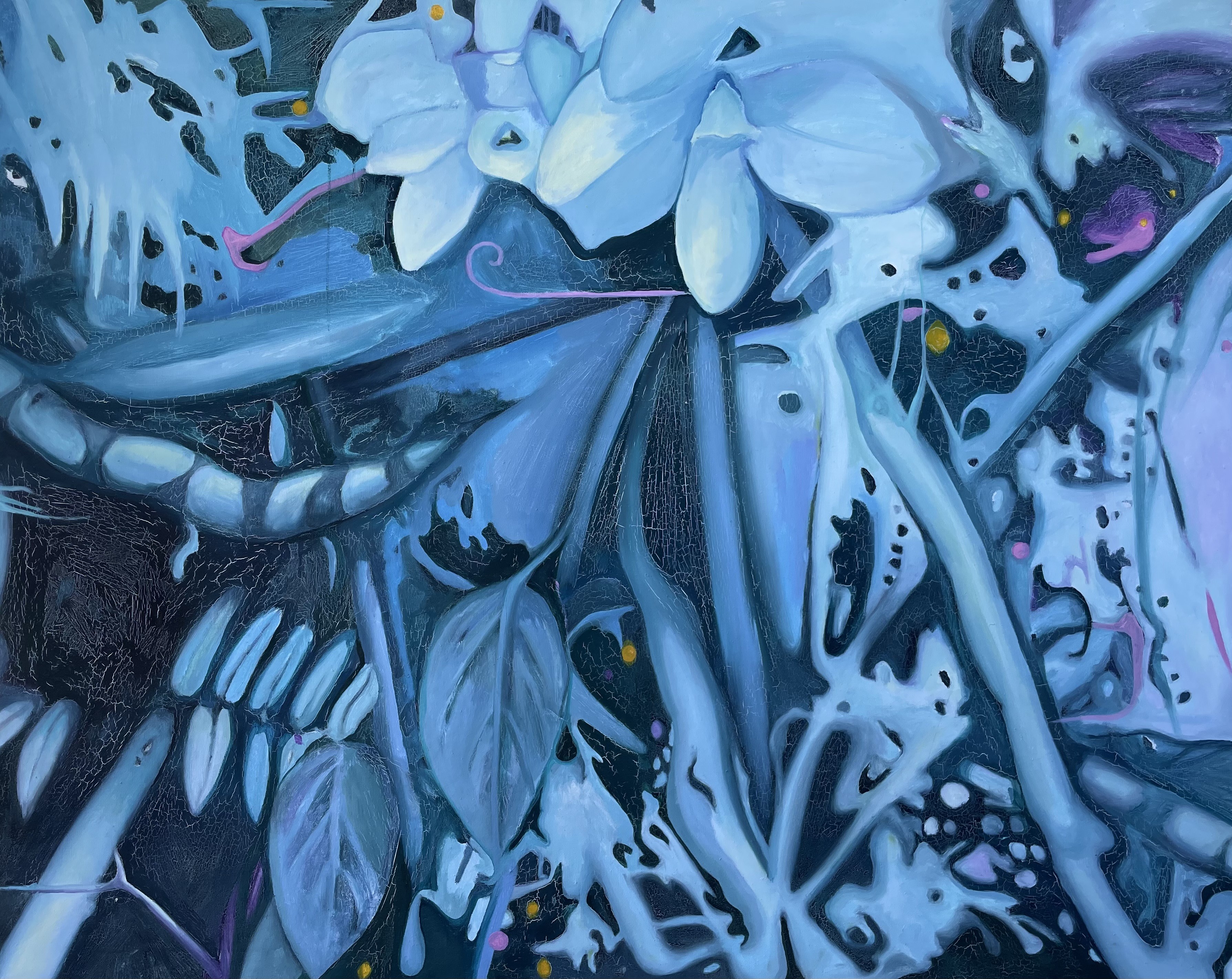 A painting of white flowers on a blue background.