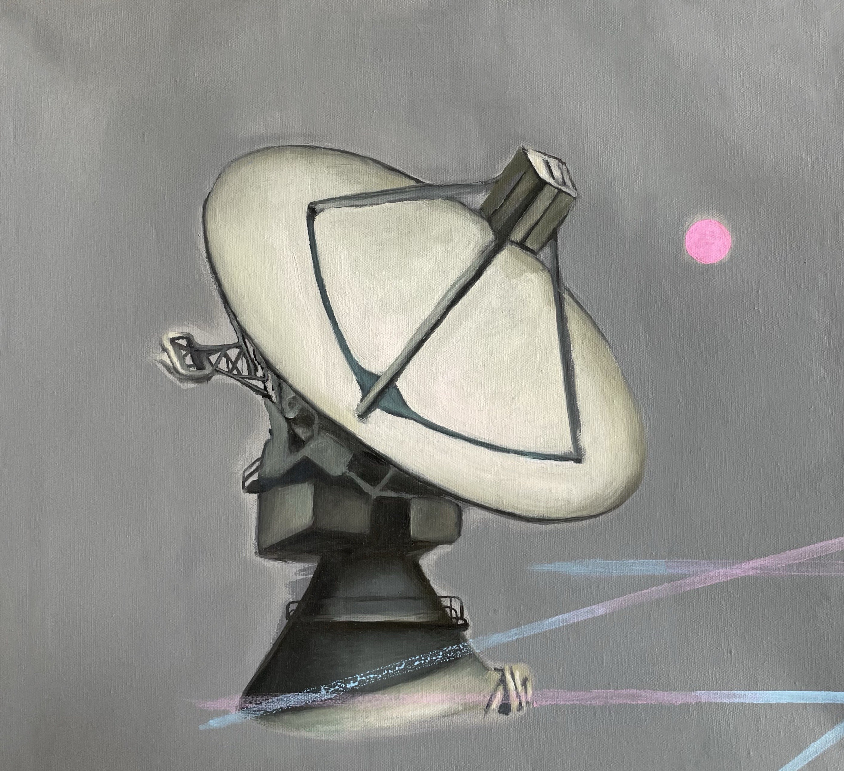 A large satellite dish stands against a muted gray background, with abstract lines and a pink circle floating nearby.