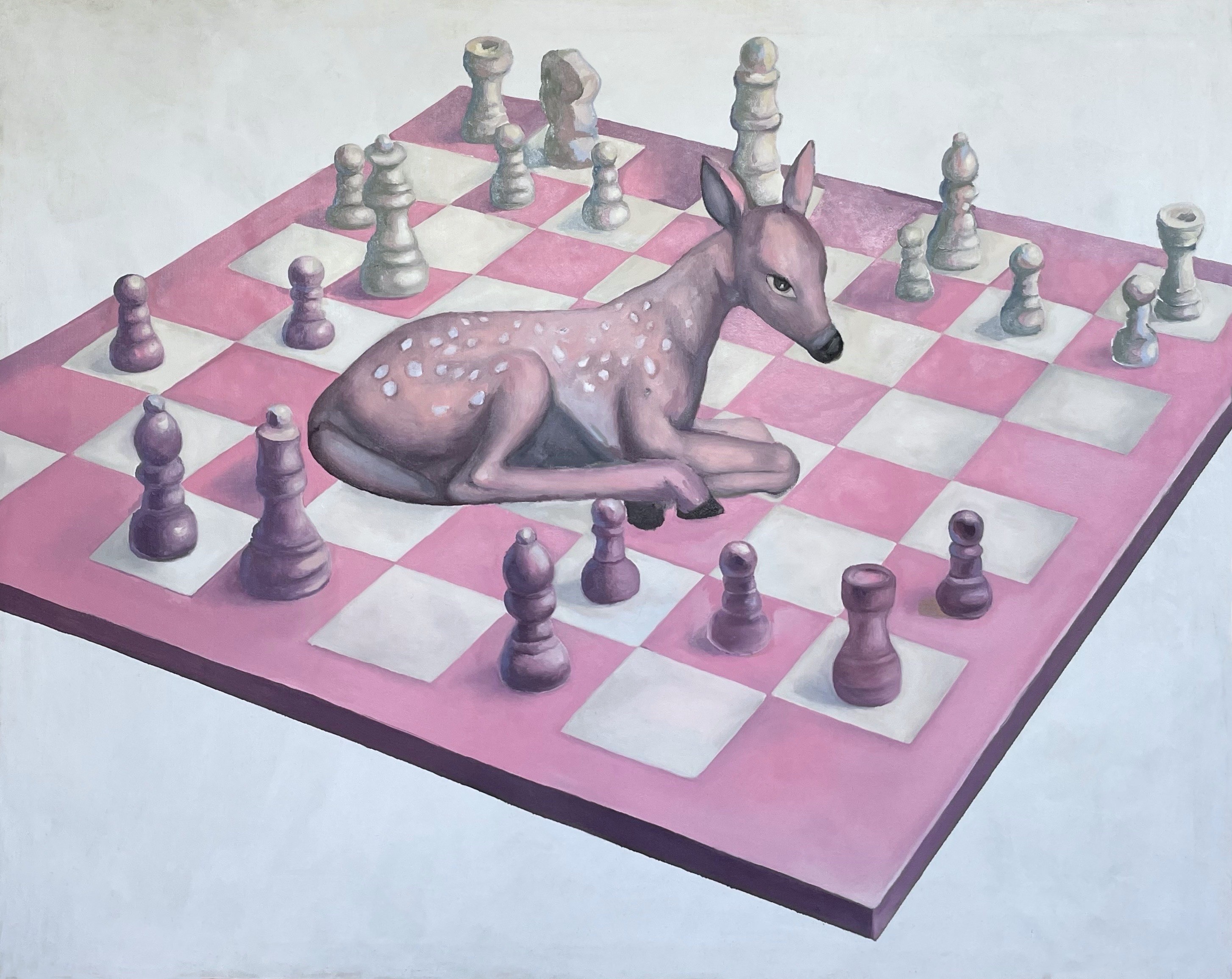 A painting of a fawn laying on a chess board.