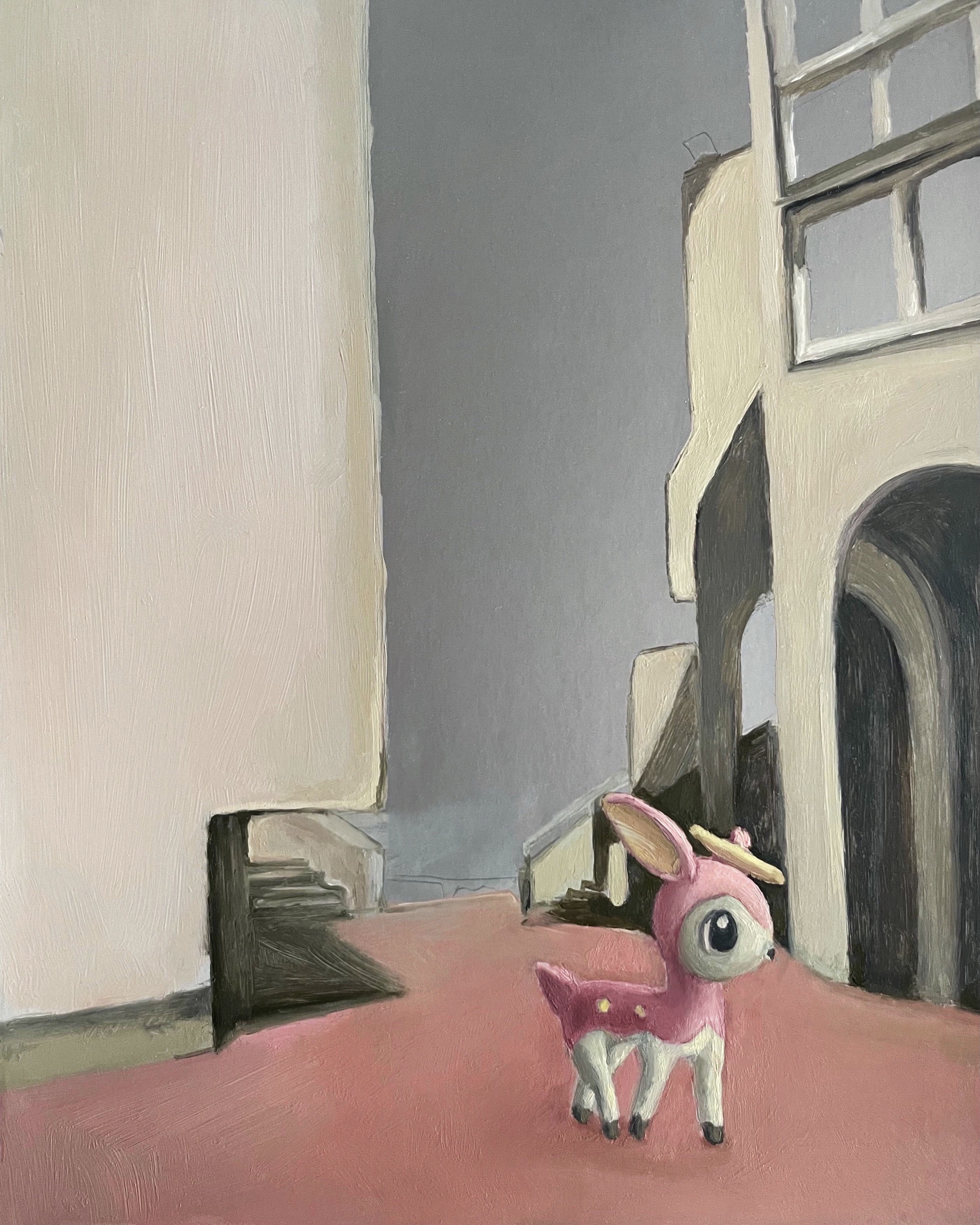 A painting of a pink deer standing in front of a building.