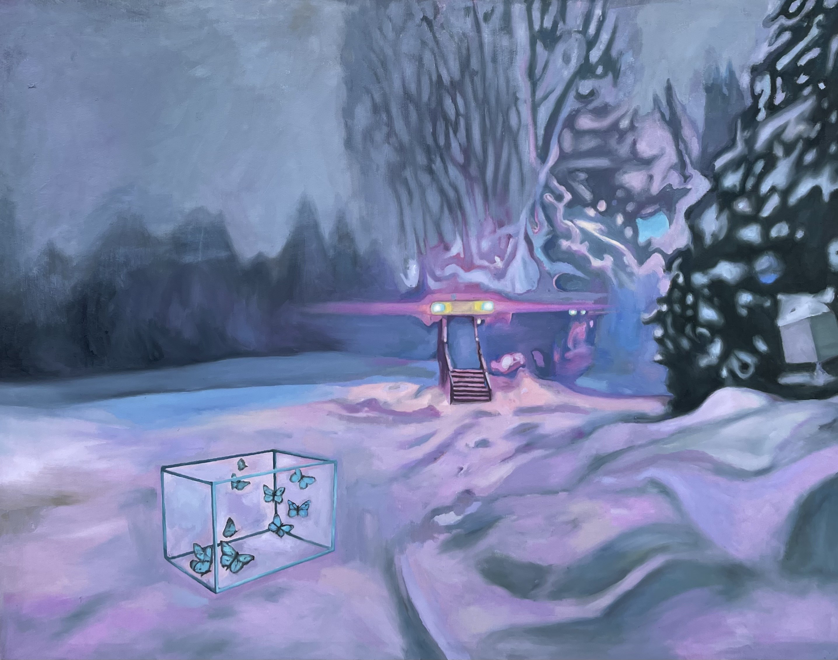 A painting of a snowy landscape with a house in the background.