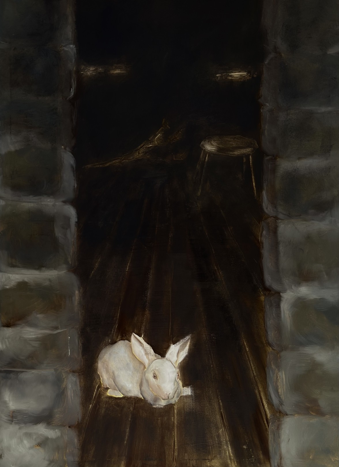 A painting of a white rabbit laying on a wooden floor.