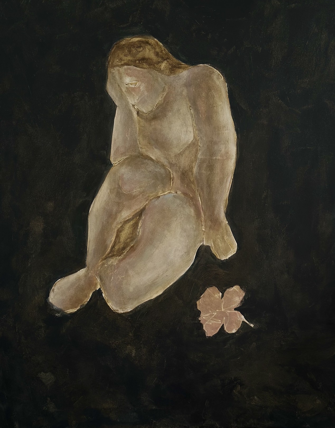 A painting of a nude woman sitting on the ground next to a leaf.