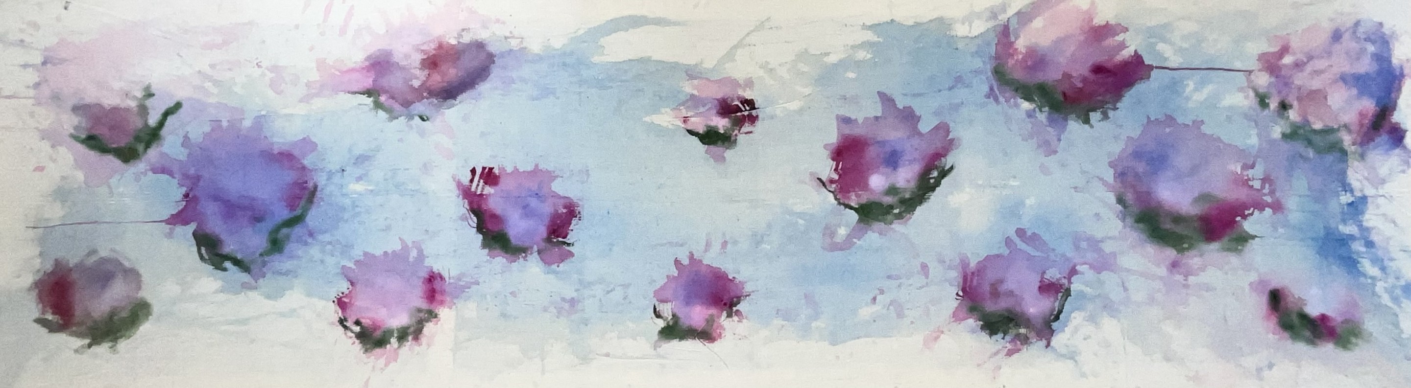 A watercolor floral study featuring scattered purple and pink blossoms against a pale blue wash.